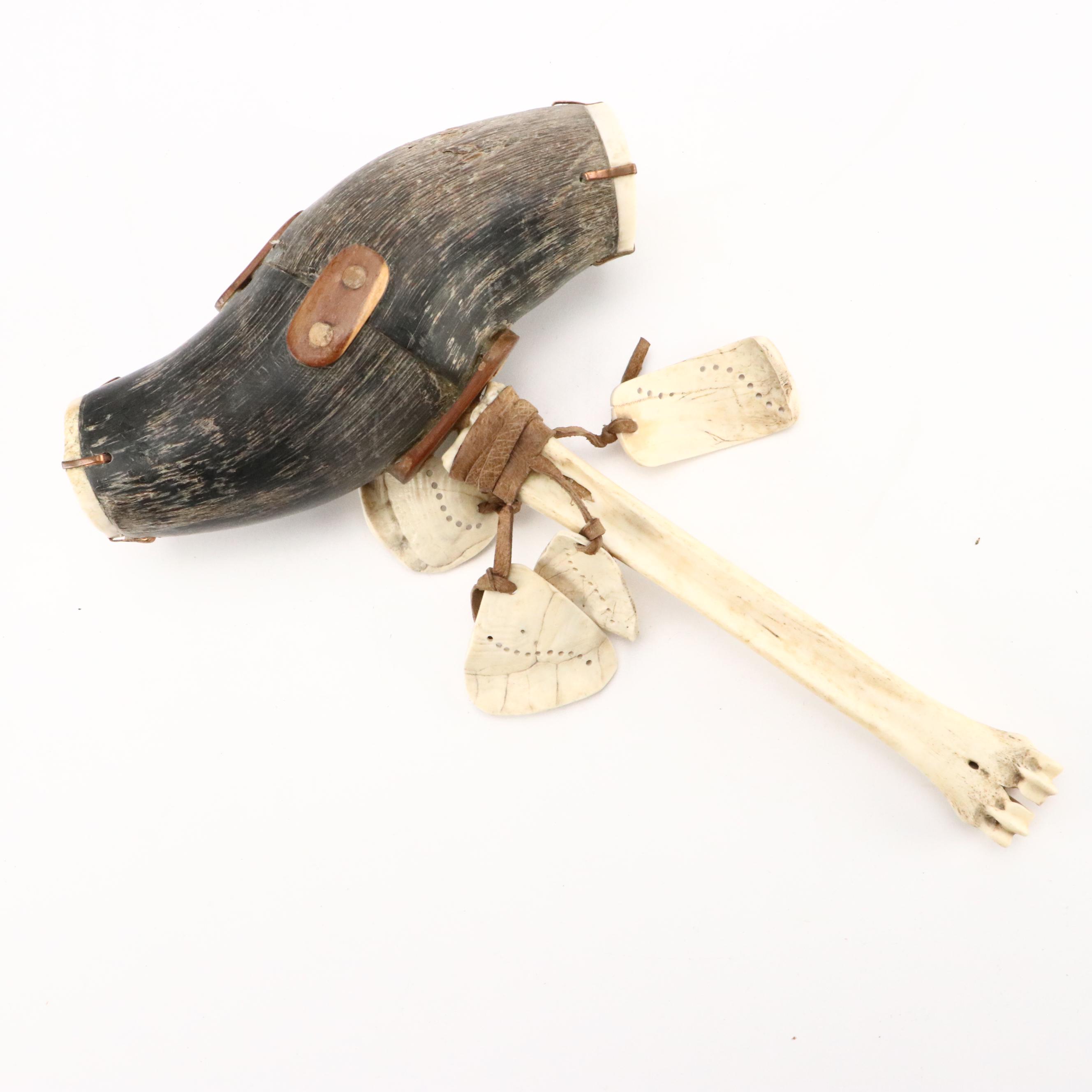 Robert Beaven Box Turtle Shell and Steer Horn Rattle with Other Bone Rattle