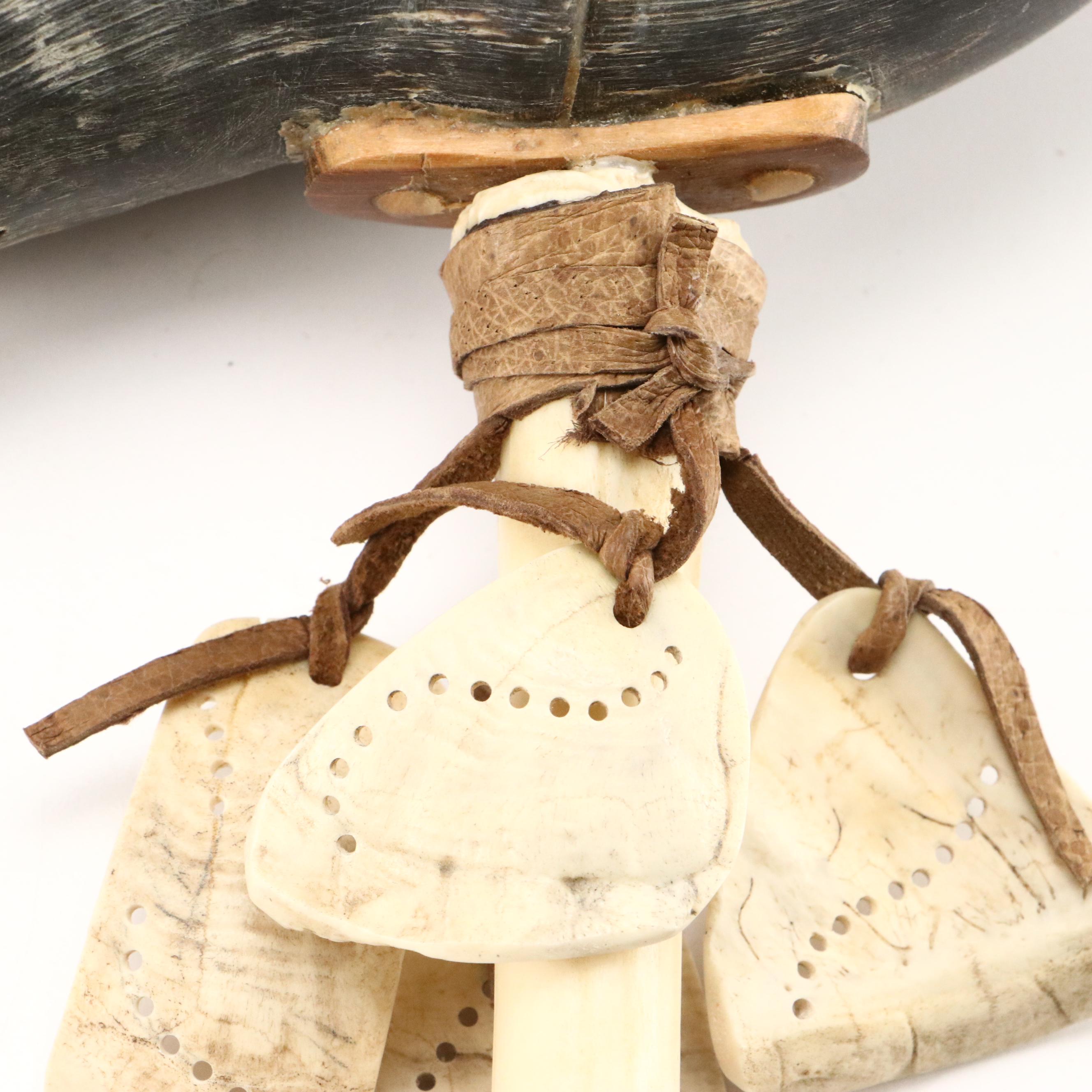Robert Beaven Box Turtle Shell and Steer Horn Rattle with Other Bone Rattle
