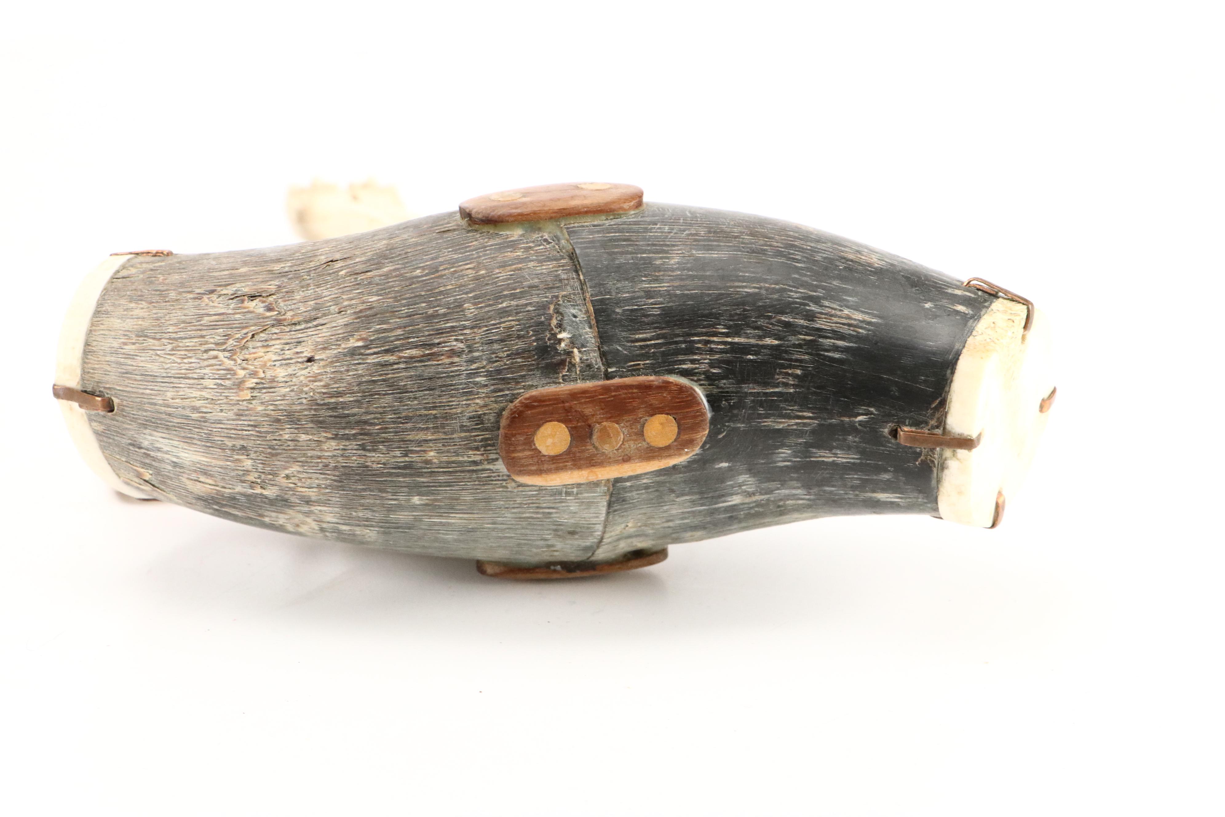 Robert Beaven Box Turtle Shell and Steer Horn Rattle with Other Bone Rattle