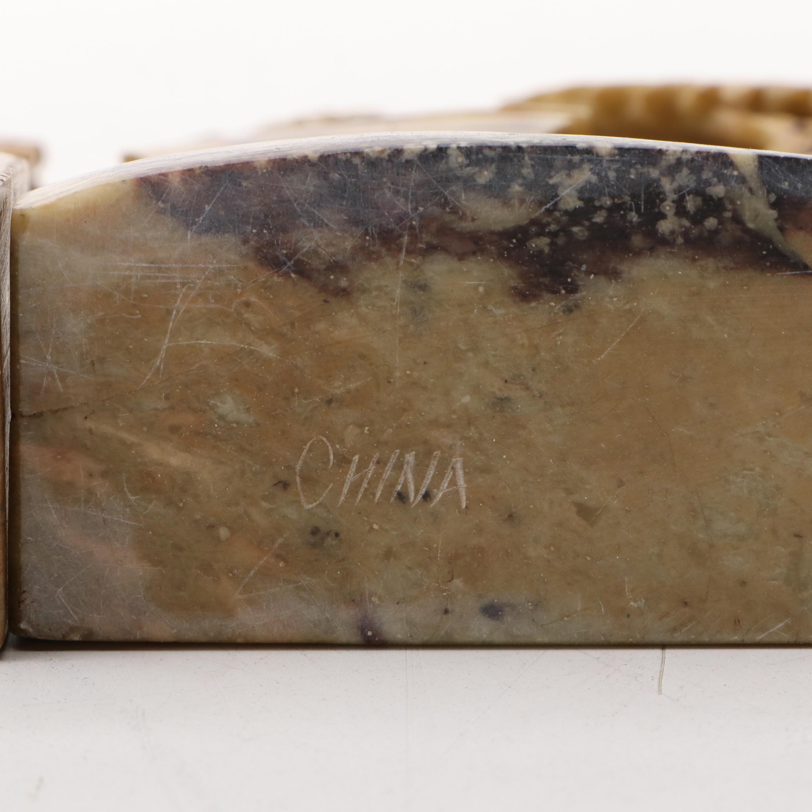 Pair of Chinese Hand-Carved Soapstone Flower Pot Bookends