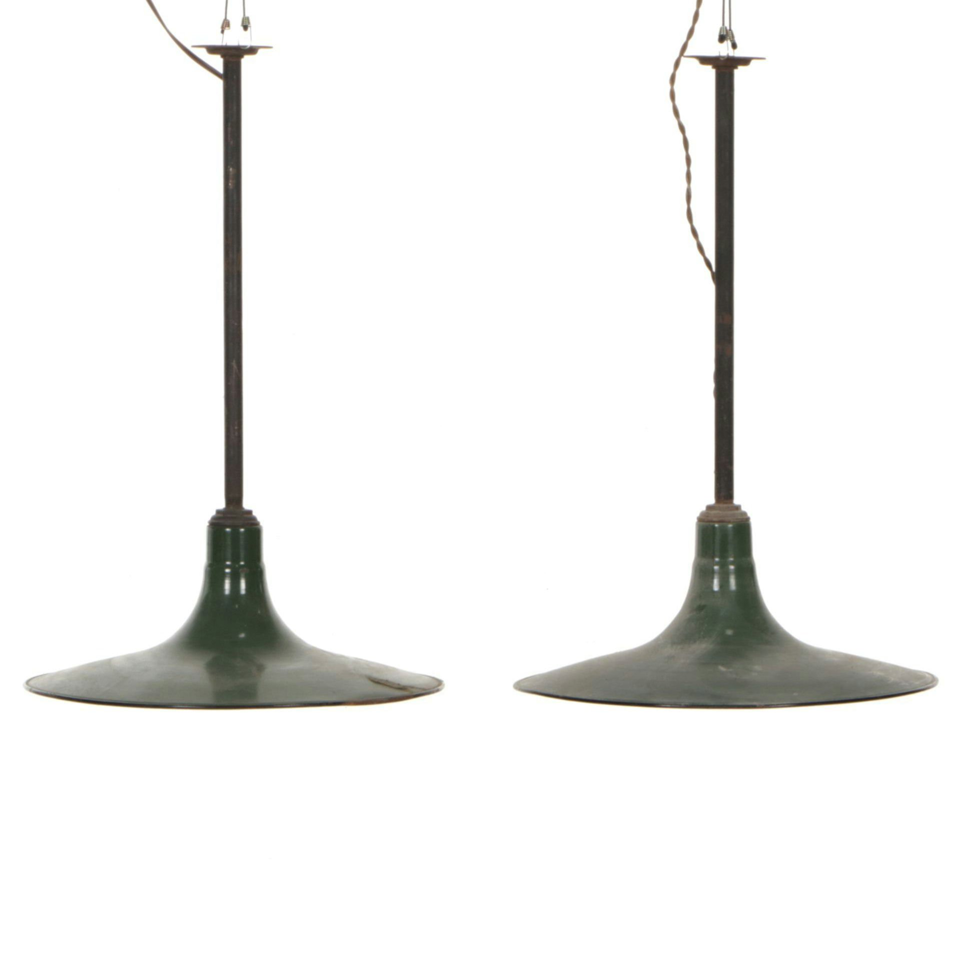 Pair of Industrial Enameled Flat Shade Work Pendants