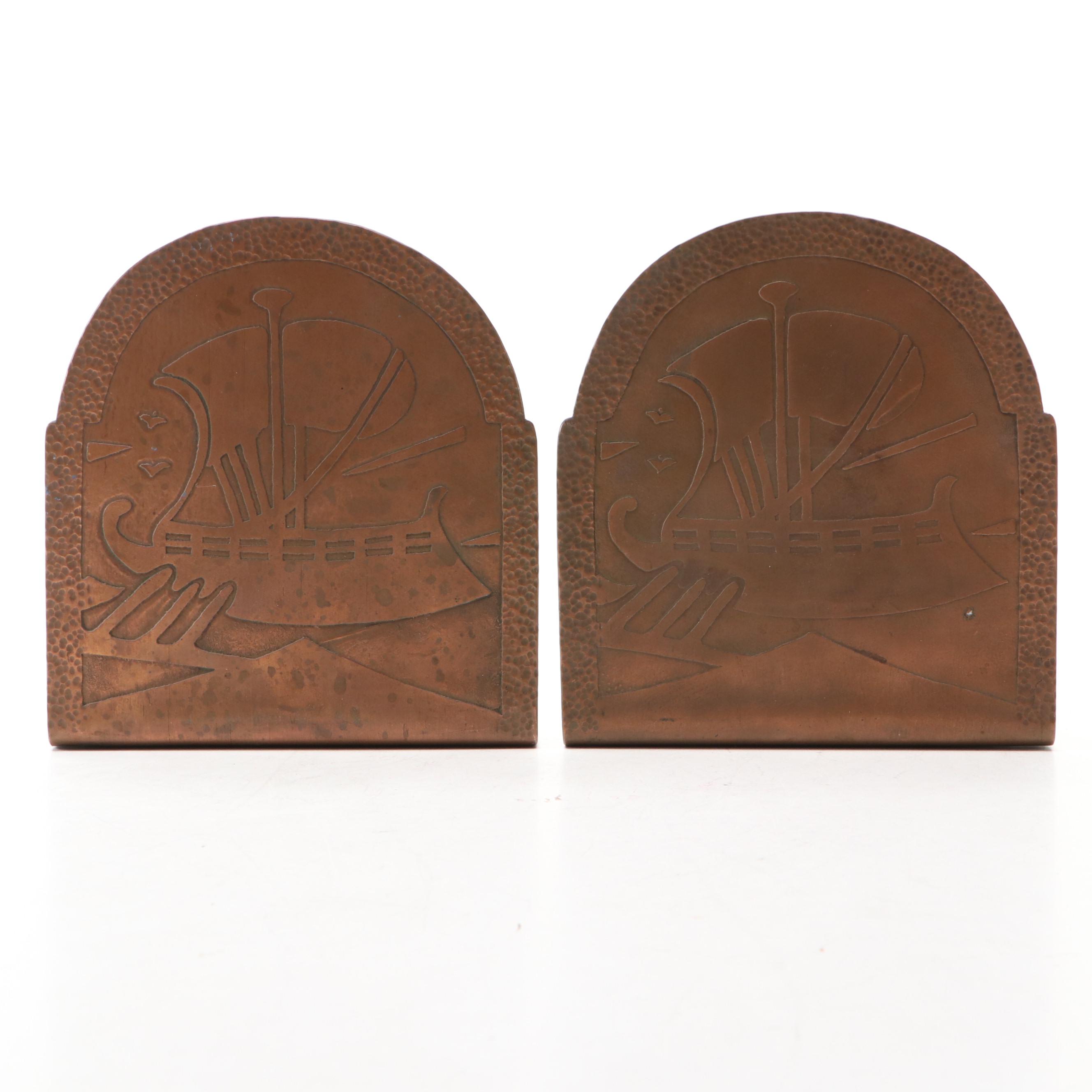 Arts and Crafts Style Hammered Metal Ship Bookends, Early 20th Century