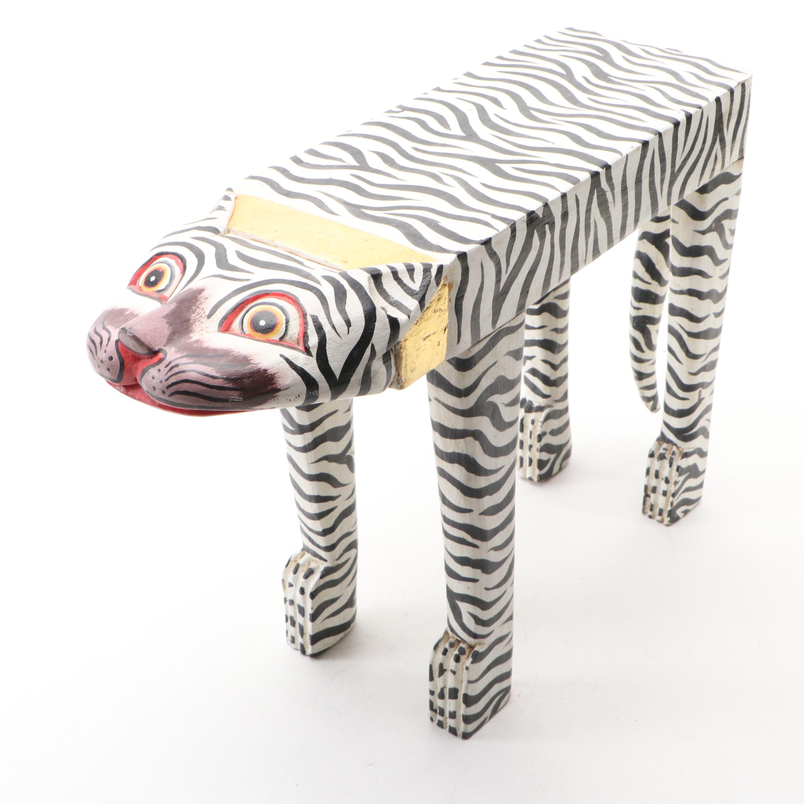 Indonesian Folk Art Polychrome Decorated Carved Wood Tiger Footstool