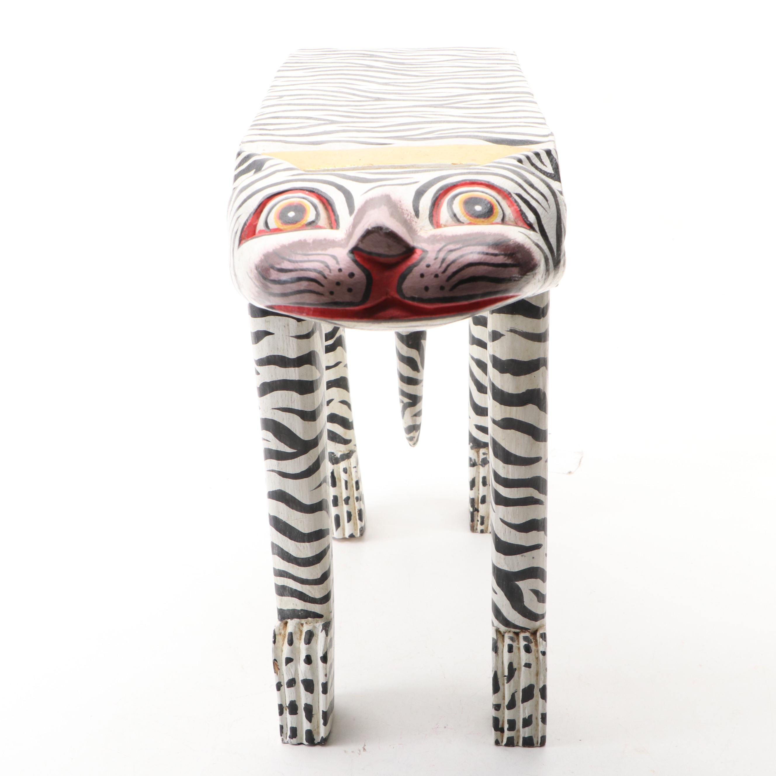 Indonesian Folk Art Polychrome Decorated Carved Wood Tiger Footstool