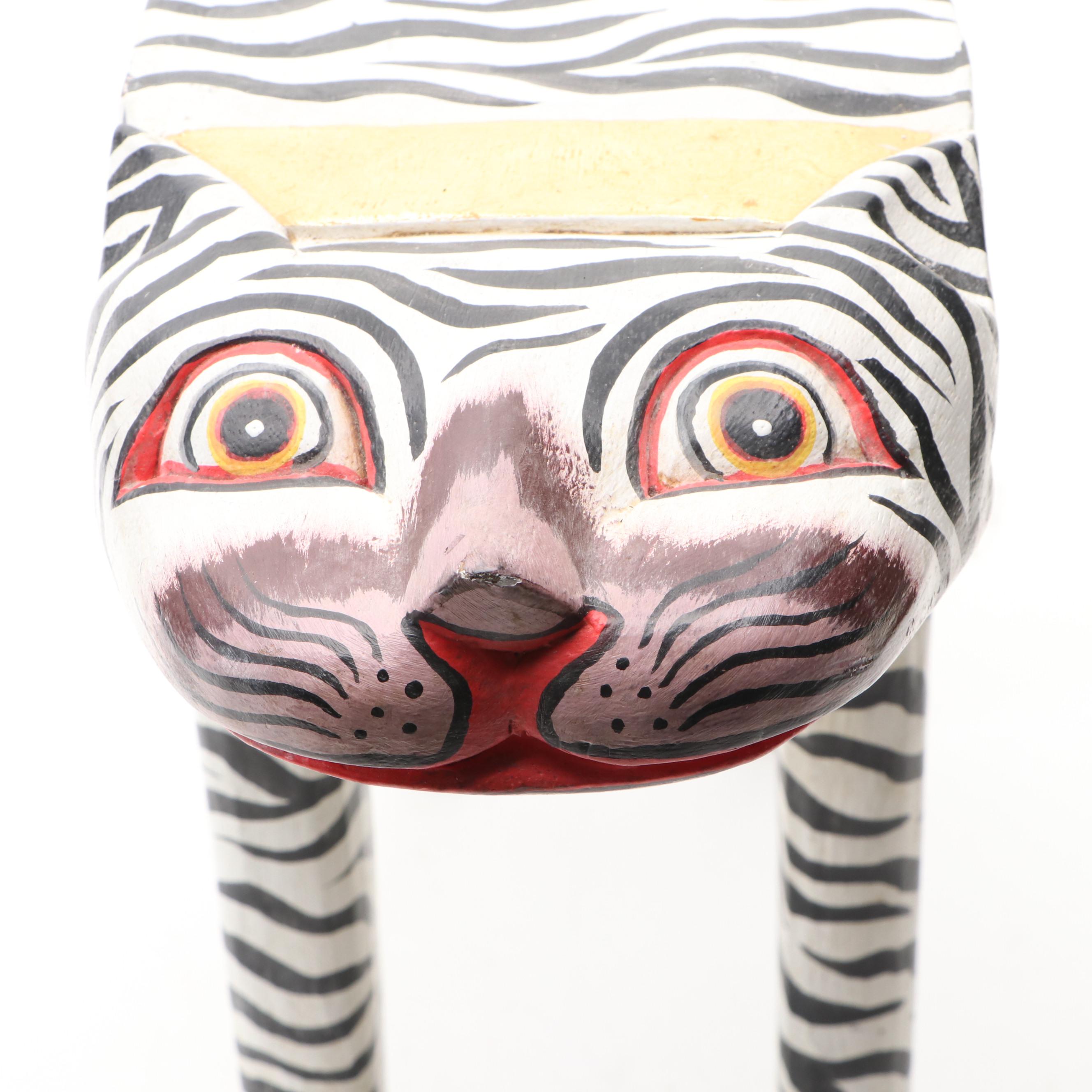 Indonesian Folk Art Polychrome Decorated Carved Wood Tiger Footstool