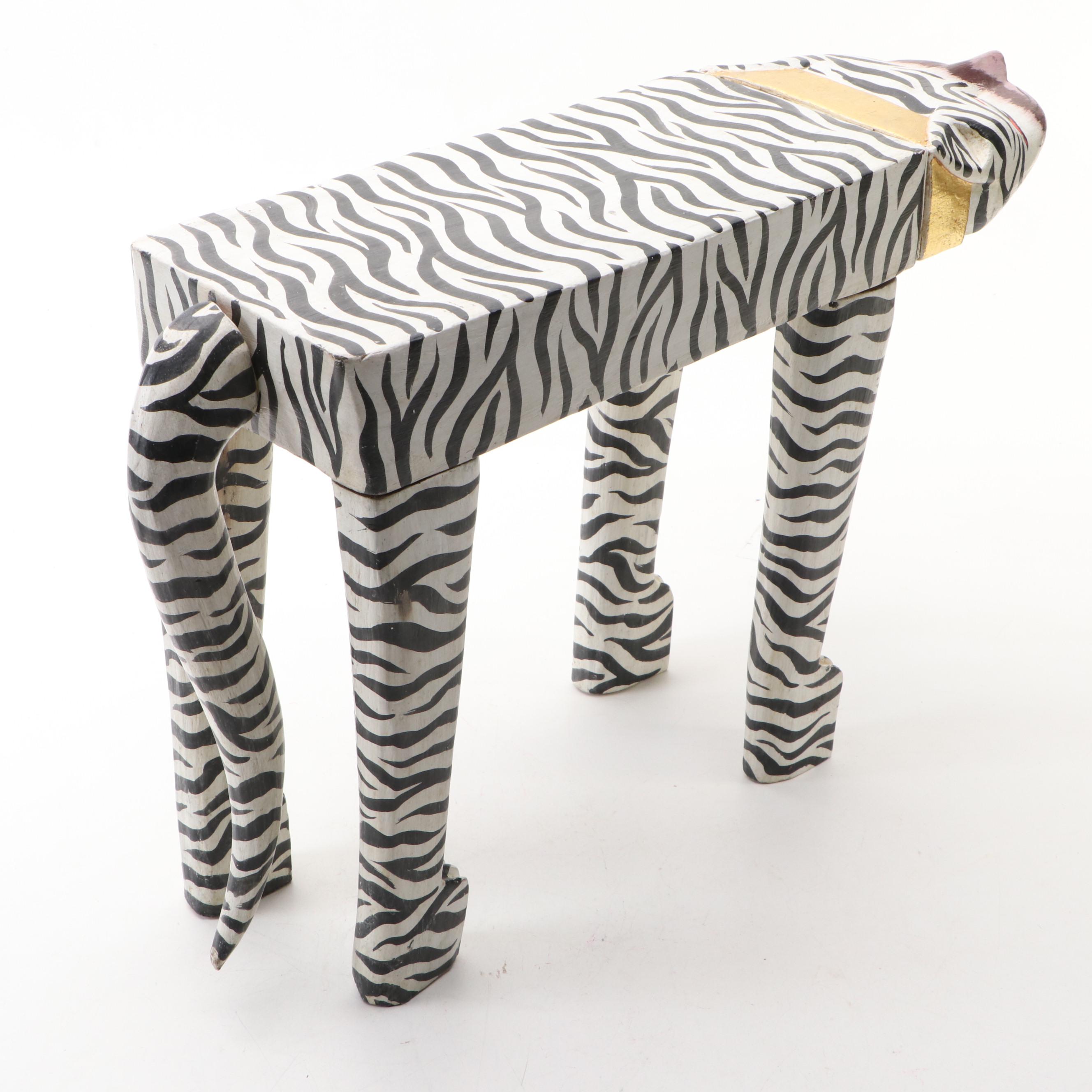 Indonesian Folk Art Polychrome Decorated Carved Wood Tiger Footstool