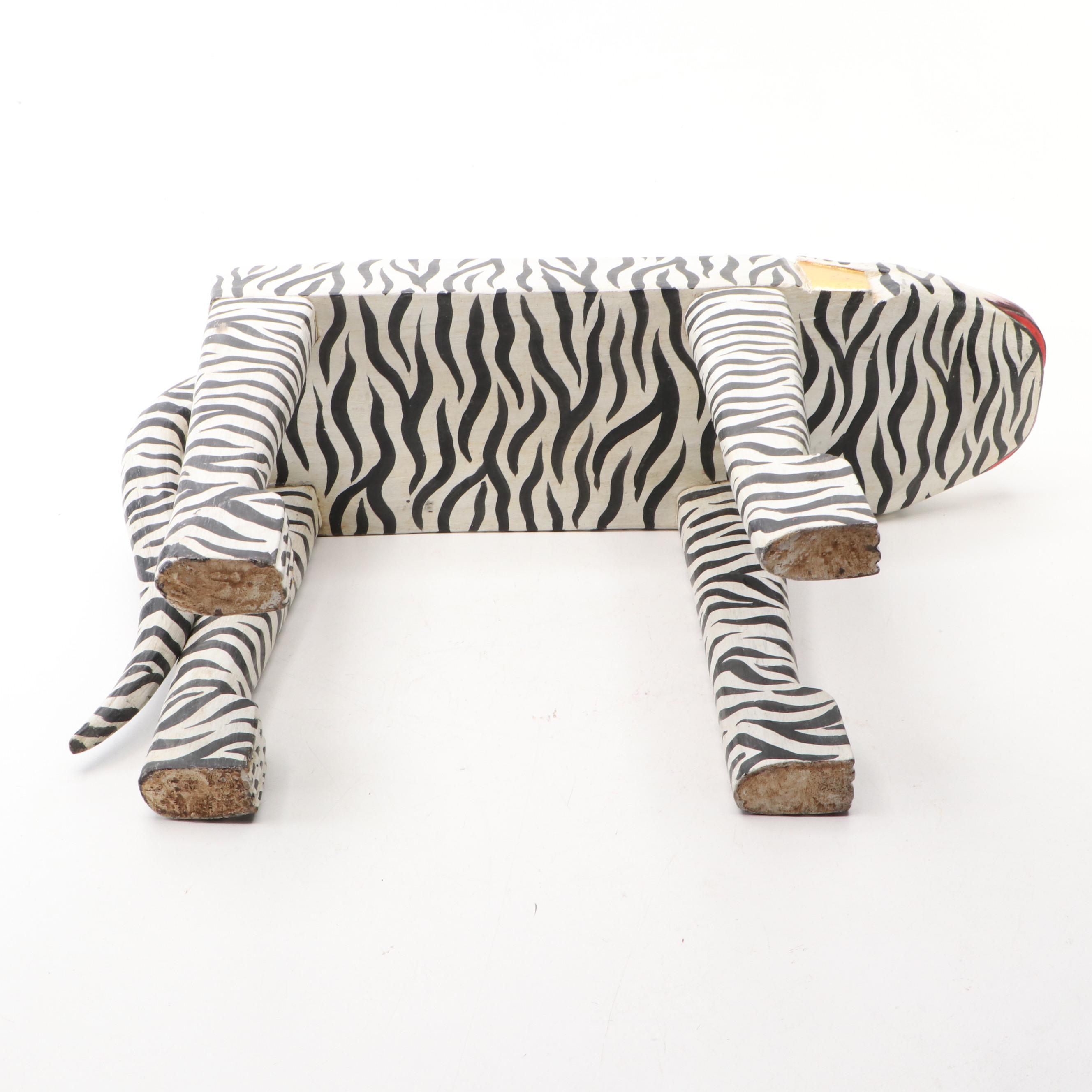 Indonesian Folk Art Polychrome Decorated Carved Wood Tiger Footstool