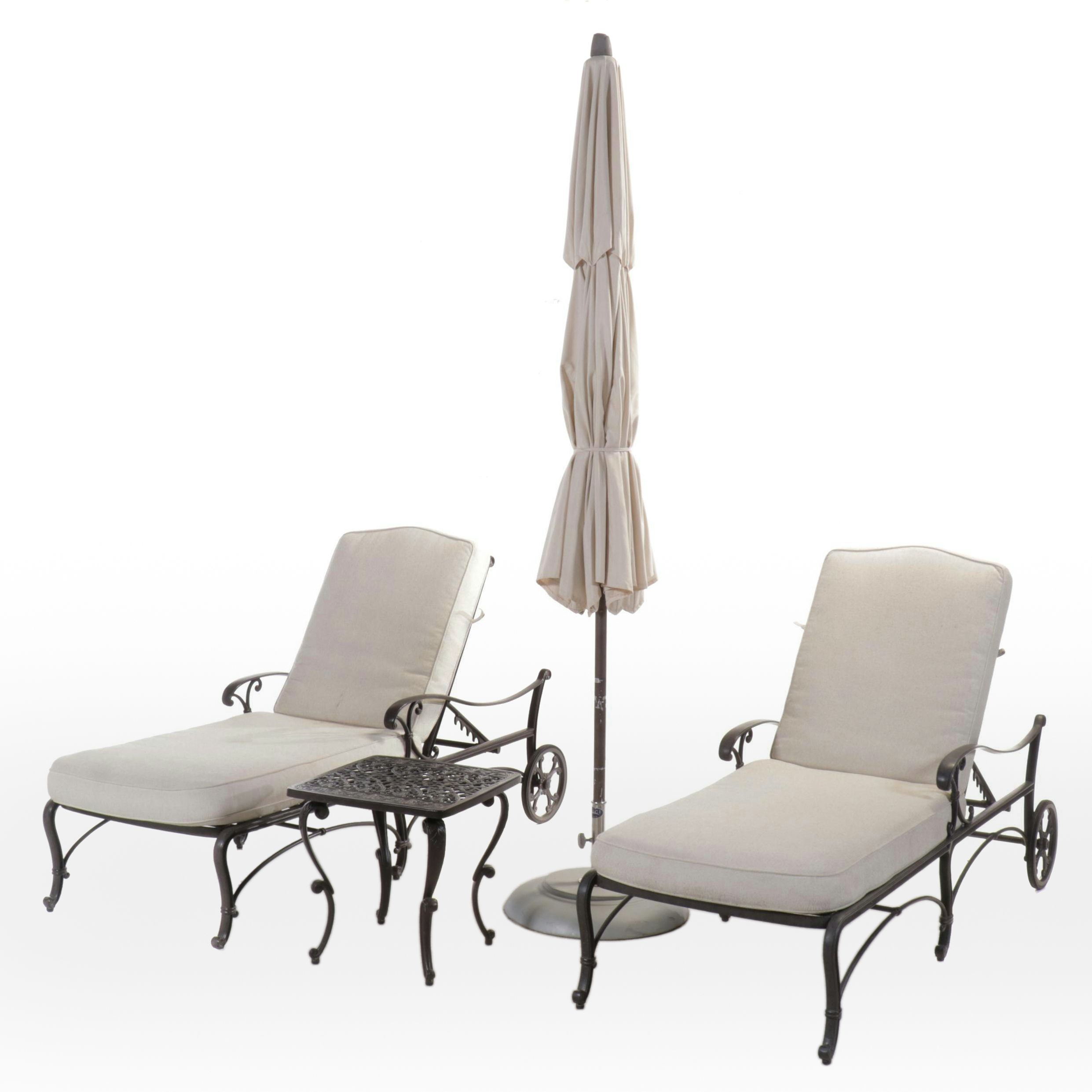 Frontgate "Orleans" Patio Chaise Lounges with 11' Market Umbrella & End Table