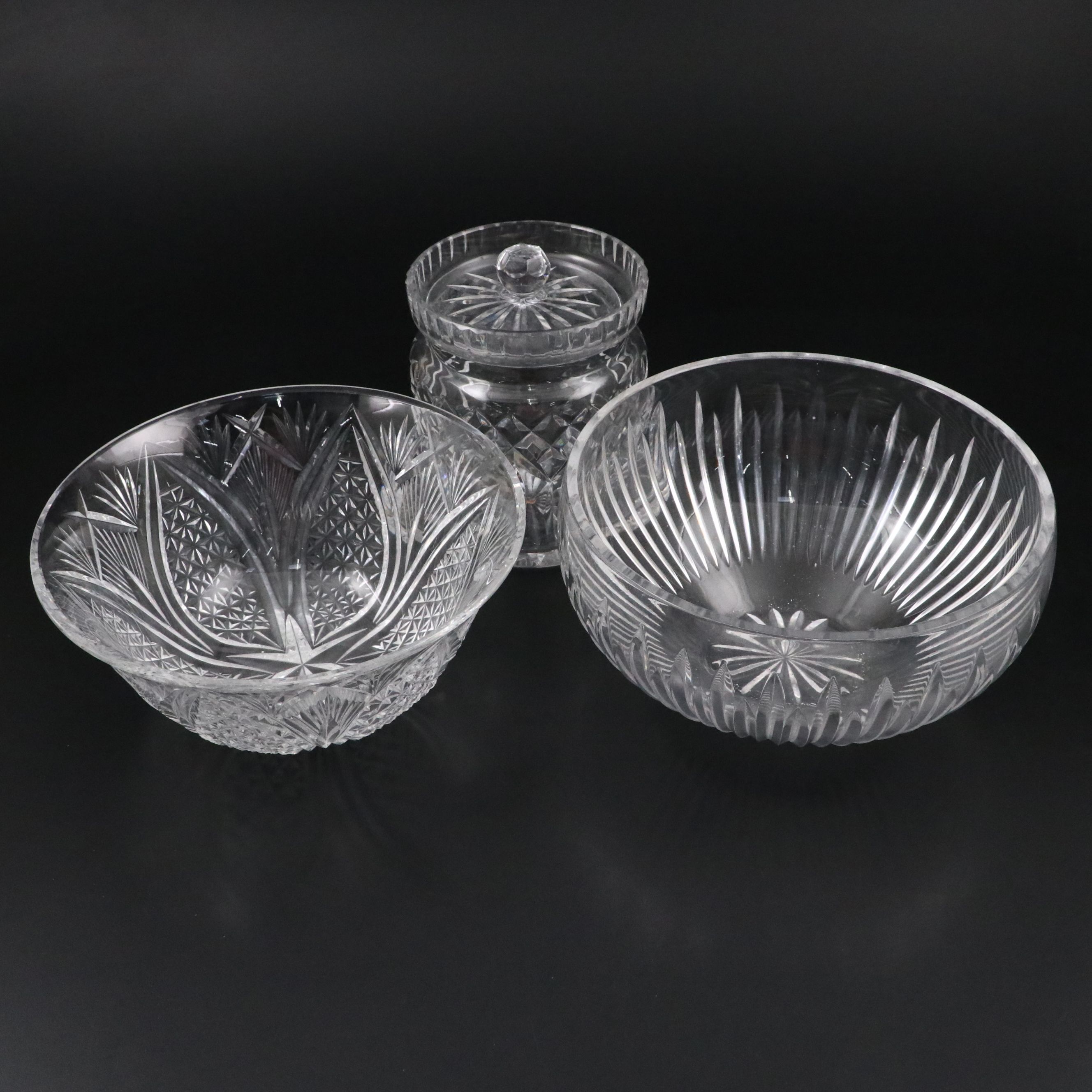 Waterford and Other Crystal Bowls with "Lismore" Biscuit Jar