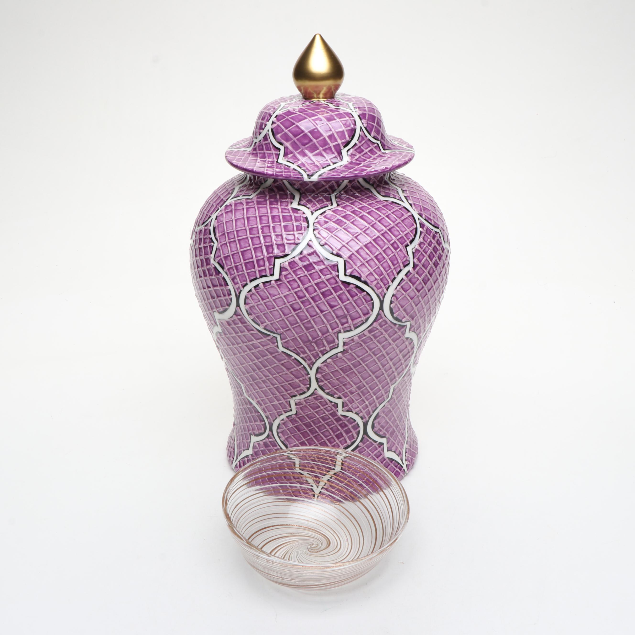 Saleen Art Handmade Ginger Jar with Blown Glass Swirl Bowl