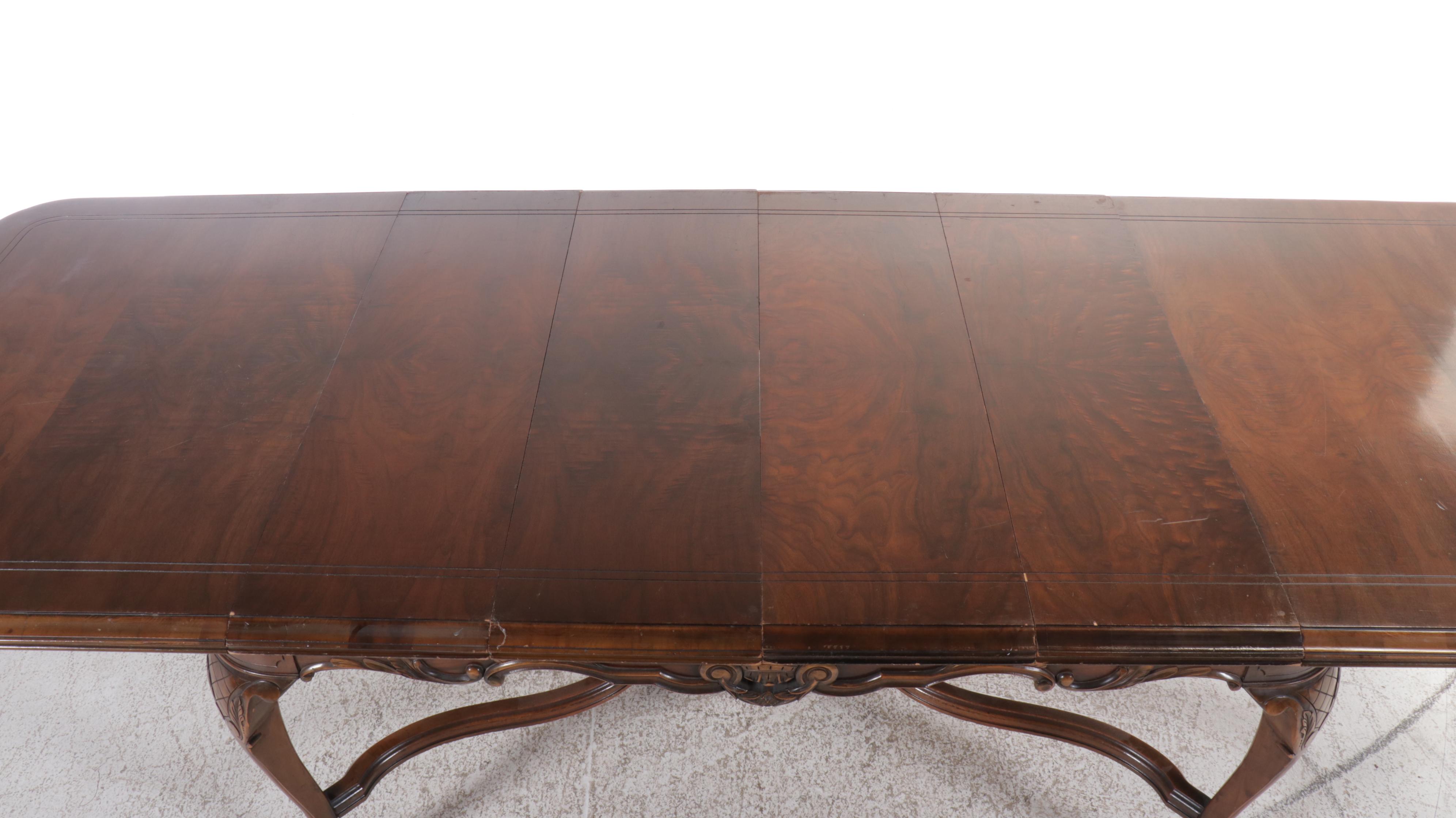 French Provincial Style Walnut Dining Table and Needlepoint Upholstered Chairs