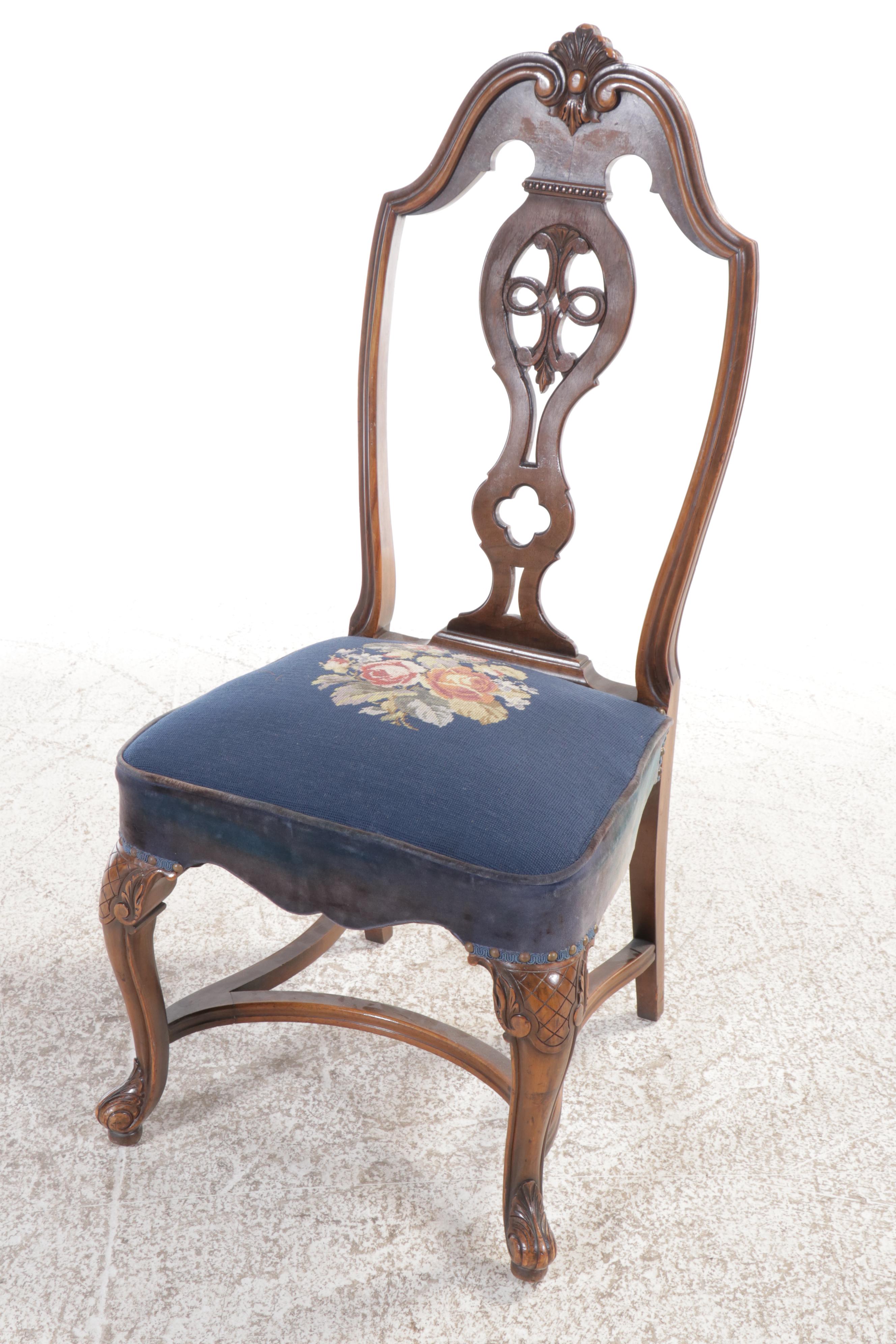 French Provincial Style Walnut Dining Table and Needlepoint Upholstered Chairs