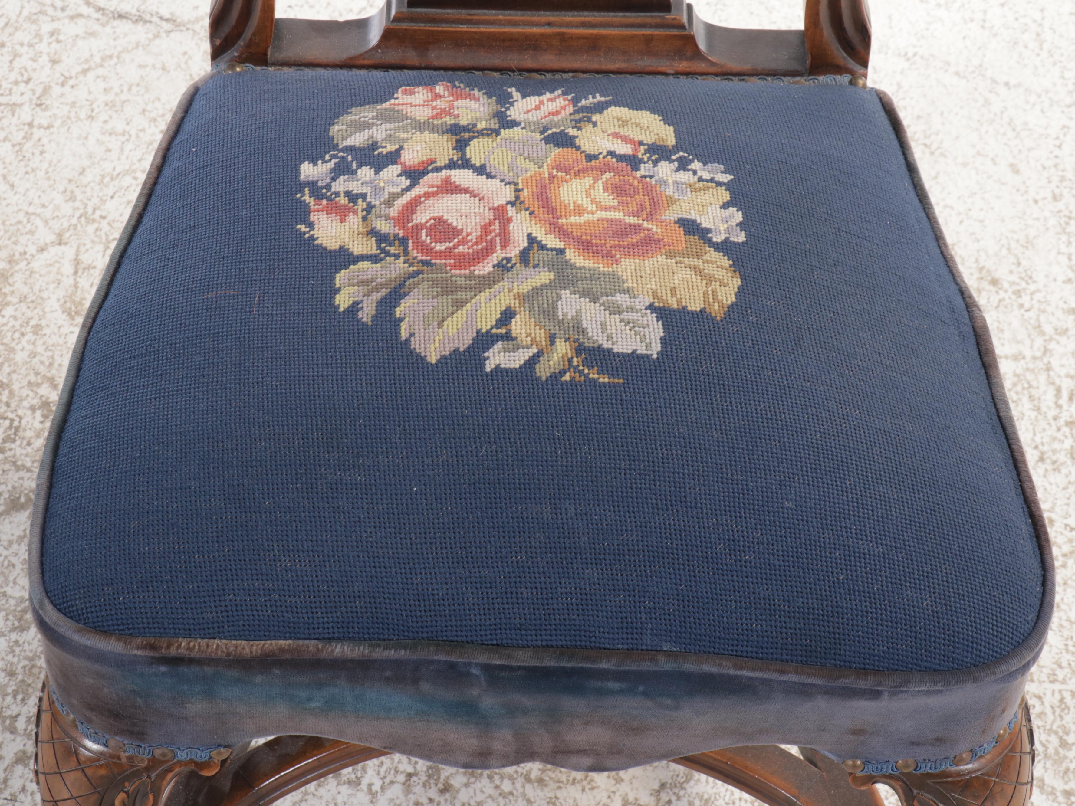 French Provincial Style Walnut Dining Table and Needlepoint Upholstered Chairs