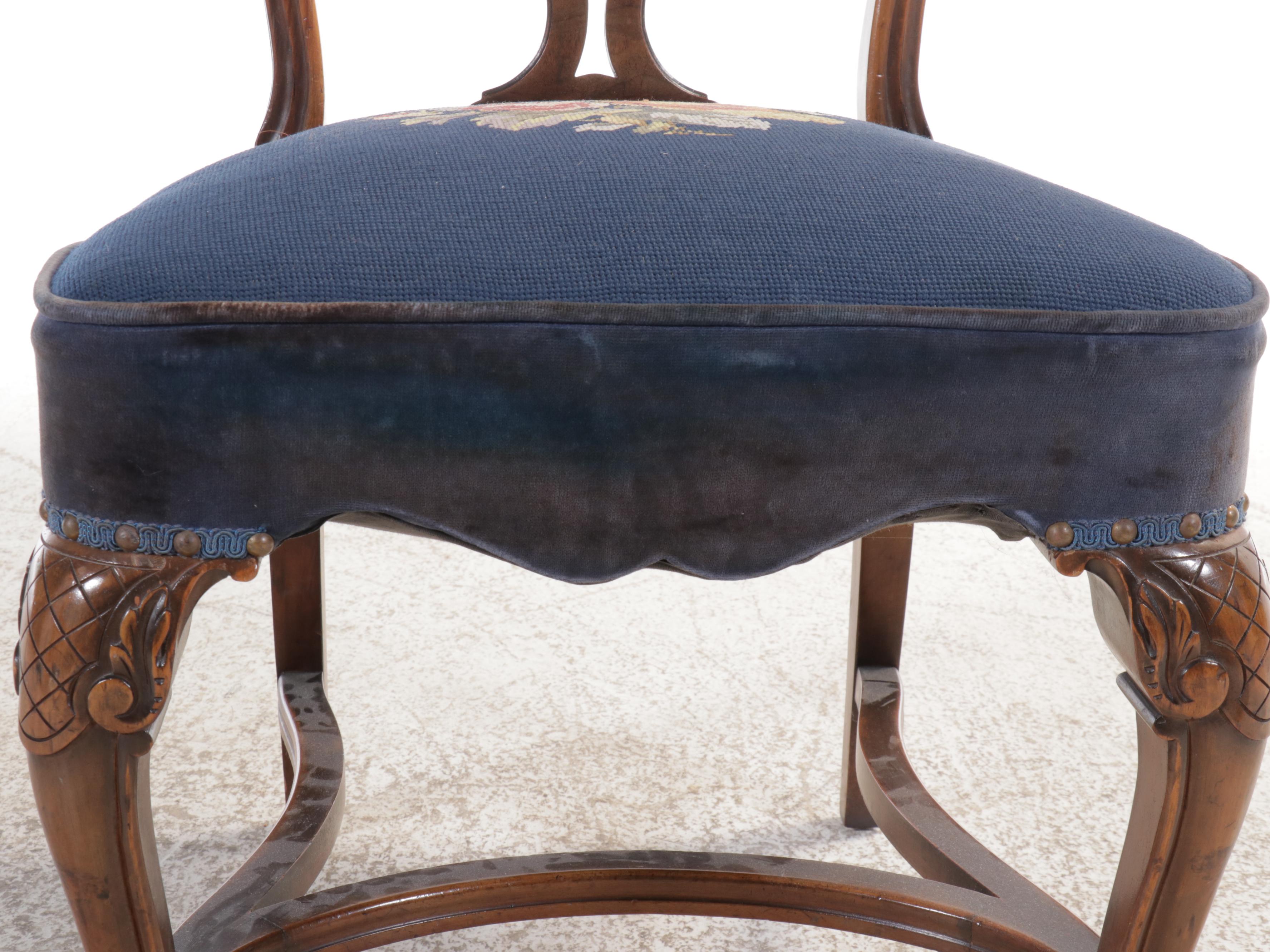 French Provincial Style Walnut Dining Table and Needlepoint Upholstered Chairs