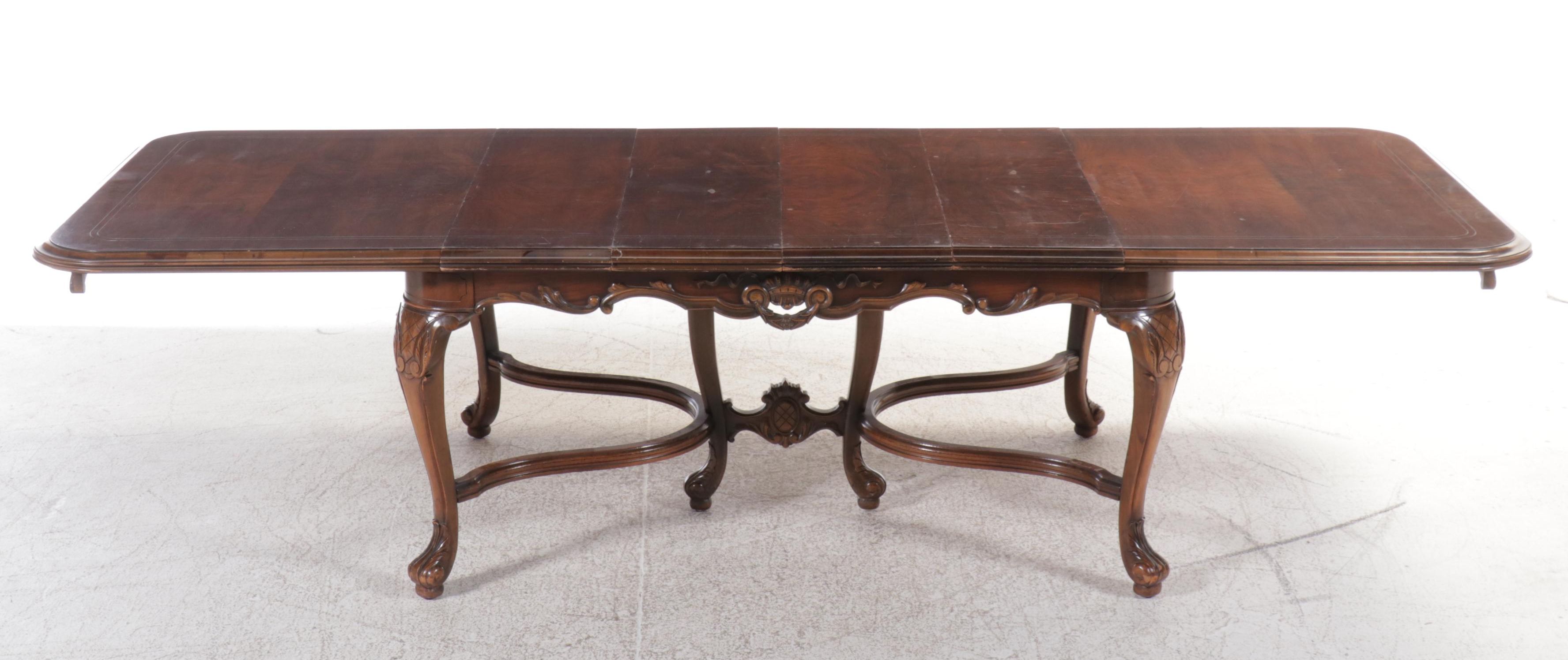 French Provincial Style Walnut Dining Table and Needlepoint Upholstered Chairs