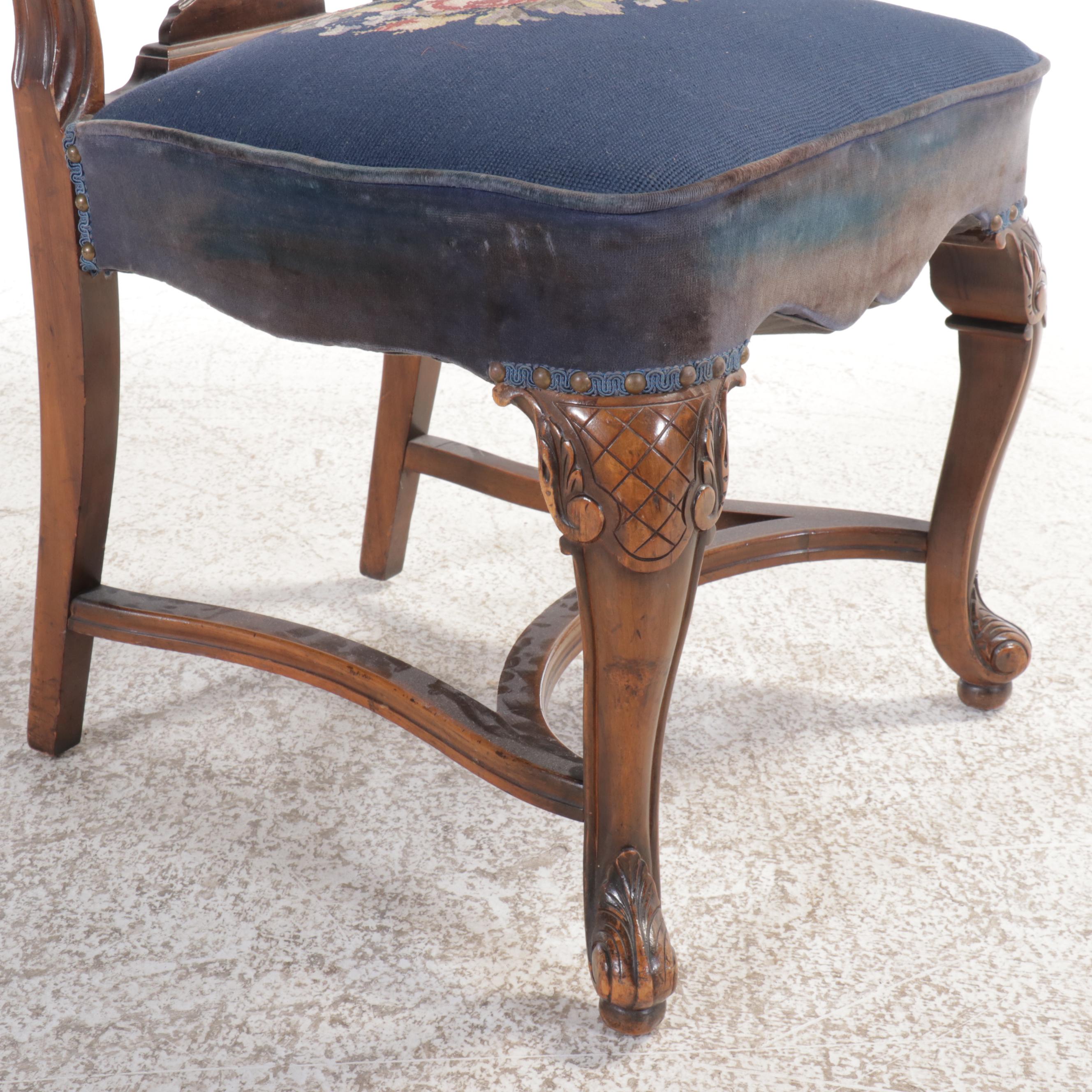 French Provincial Style Walnut Dining Table and Needlepoint Upholstered Chairs