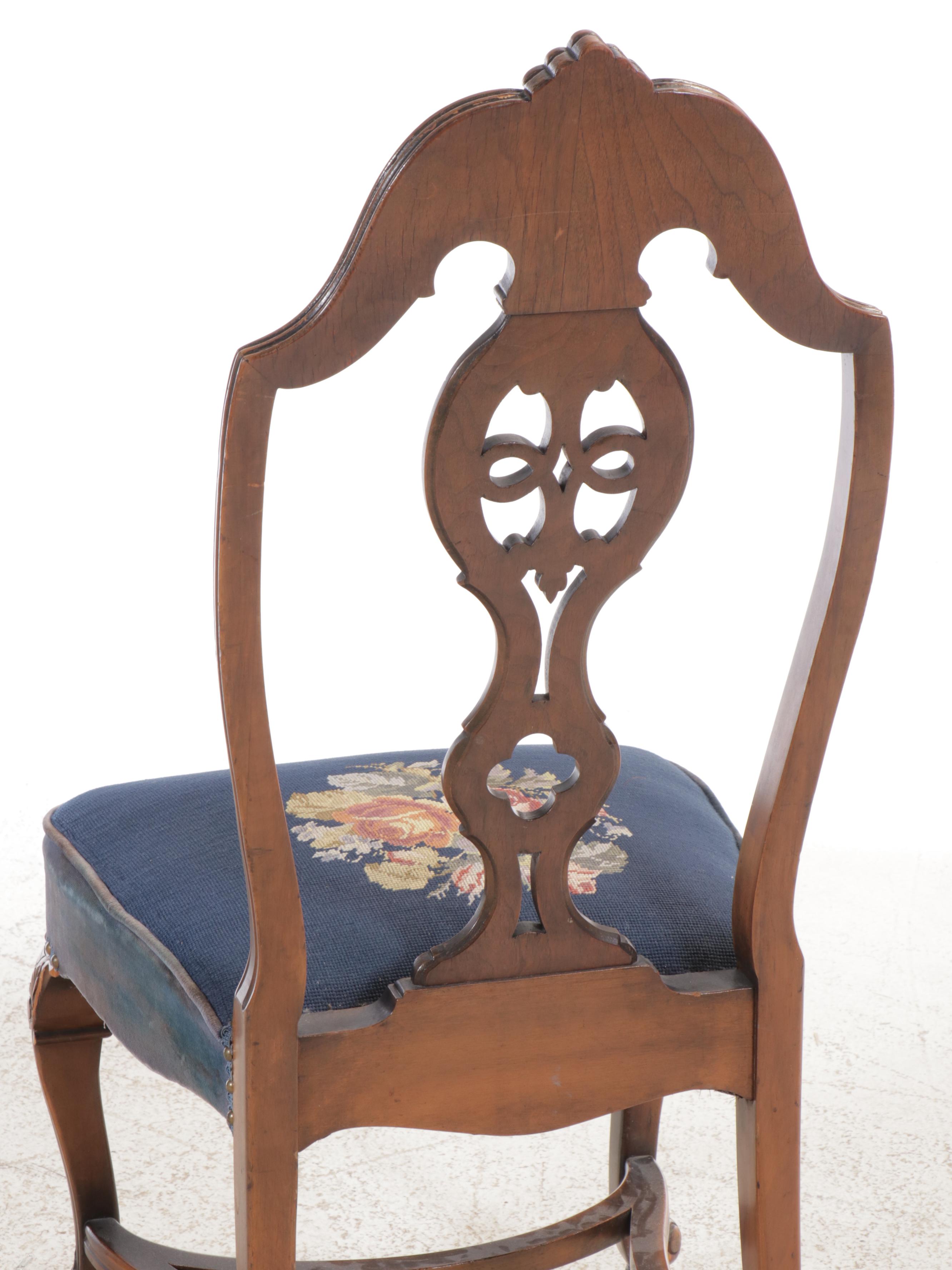 French Provincial Style Walnut Dining Table and Needlepoint Upholstered Chairs