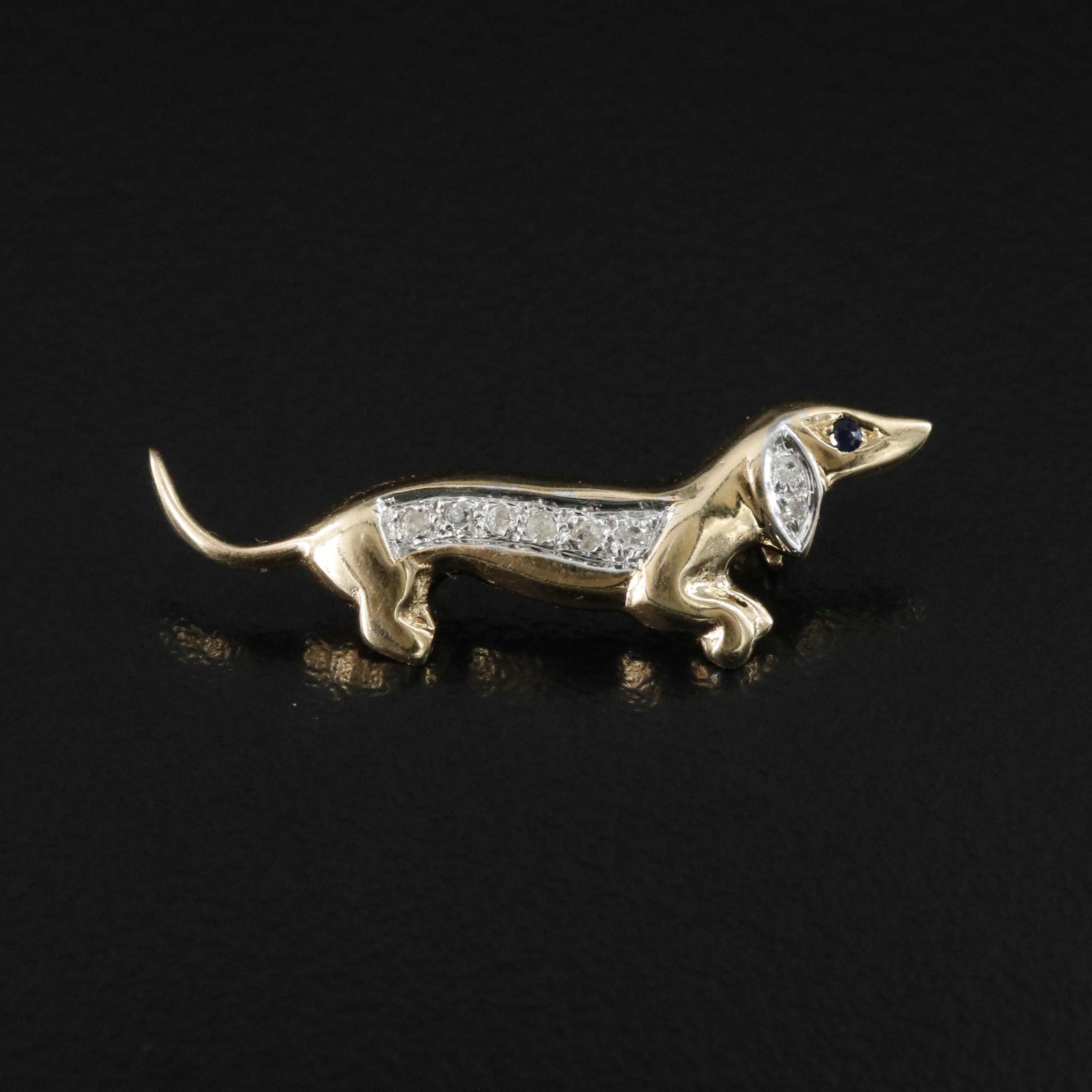 14K Diamond and Sapphire Dachshund Brooch