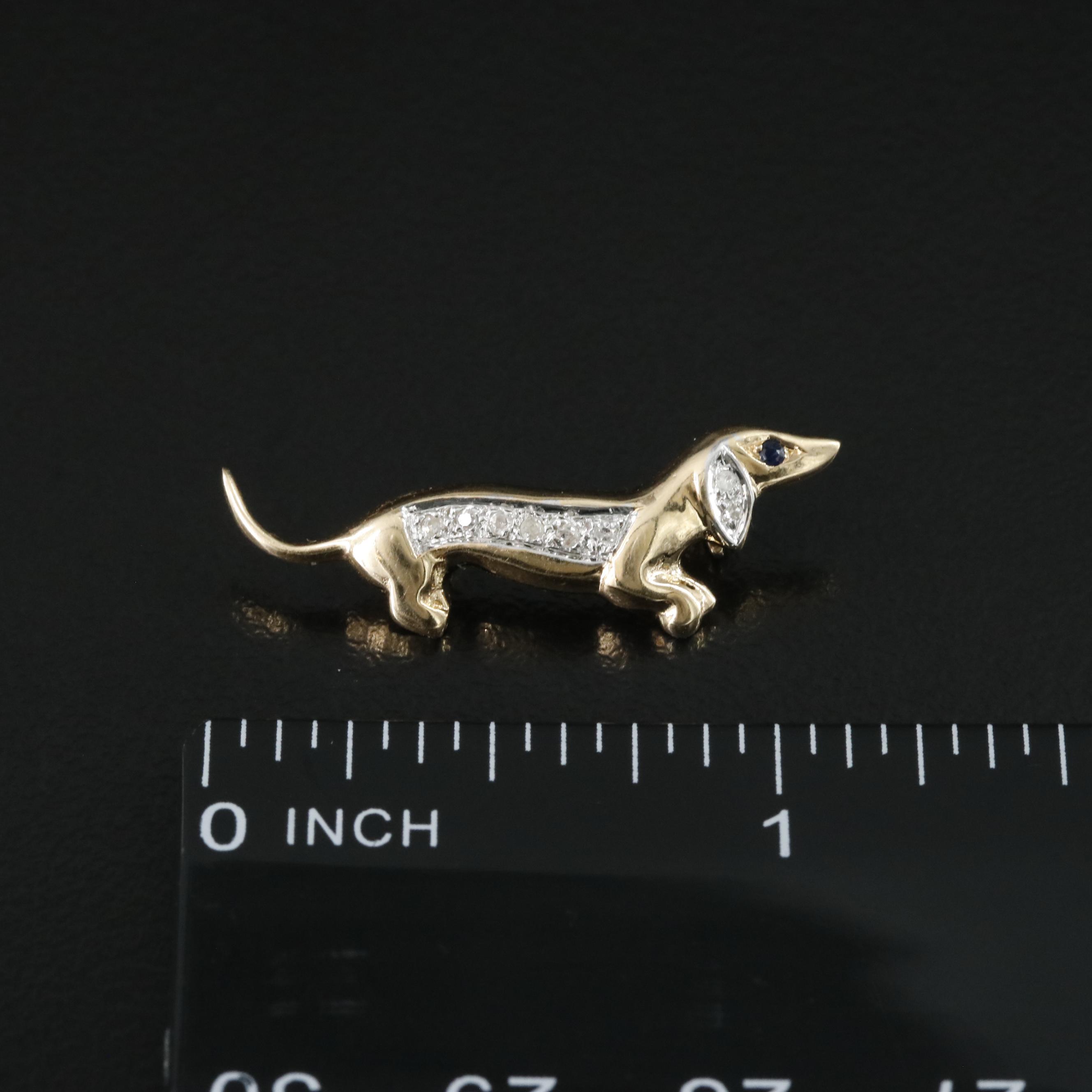 14K Diamond and Sapphire Dachshund Brooch