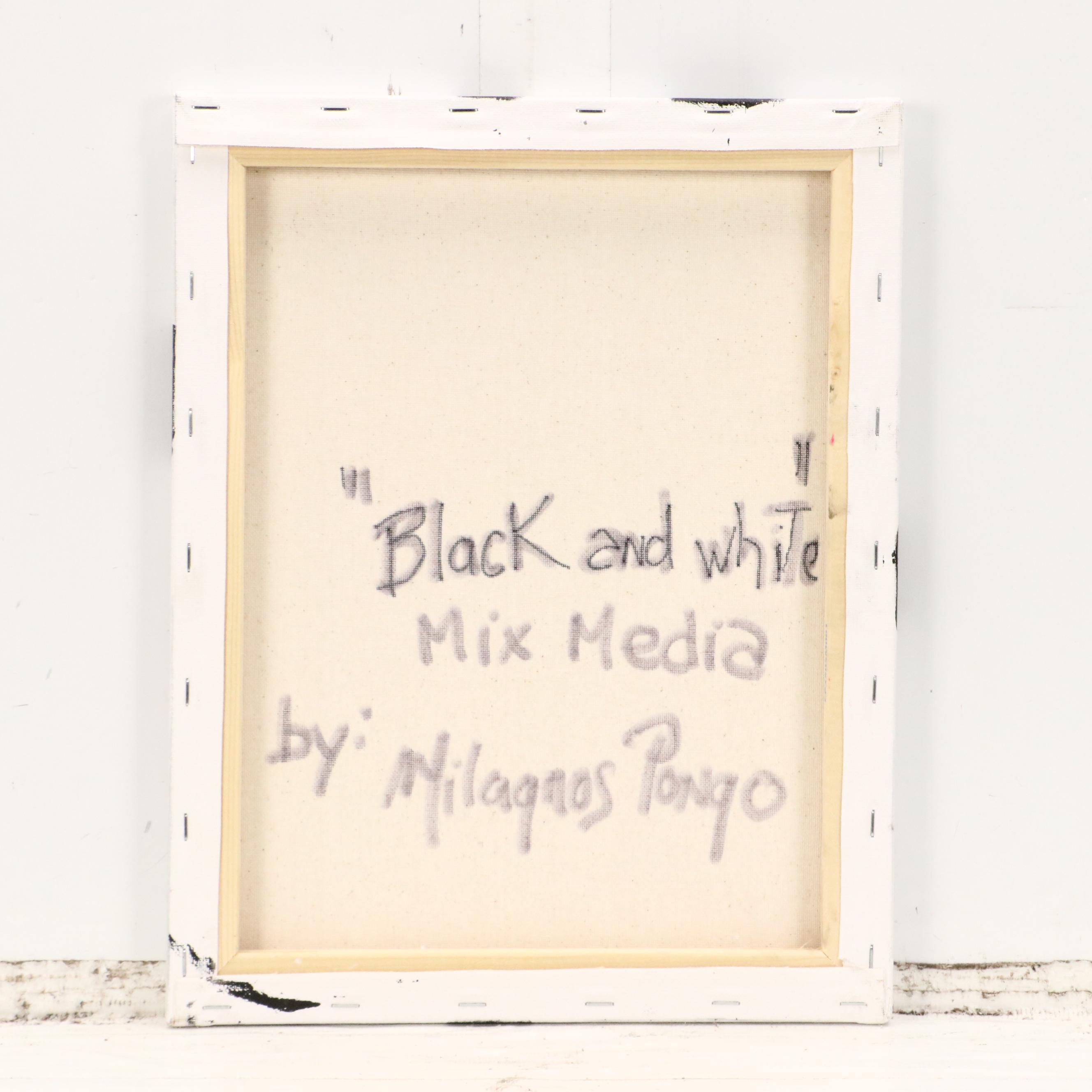 Milagros Pongo Abstract Mixed Media Painting "Black and White," 21st Century