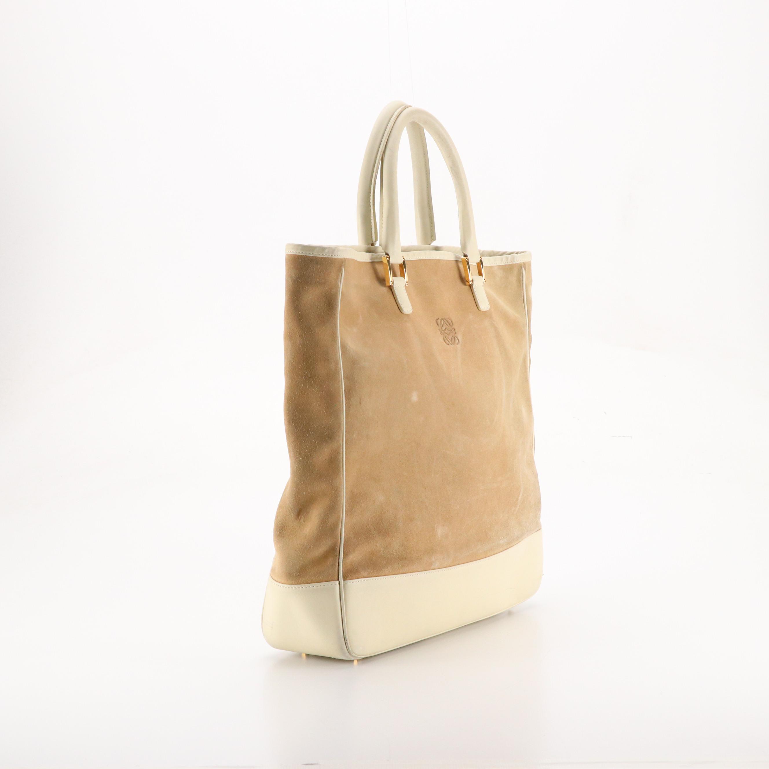 Loewe Anagram Embossed Tote Bag in Beige Suede and Ivory Leather
