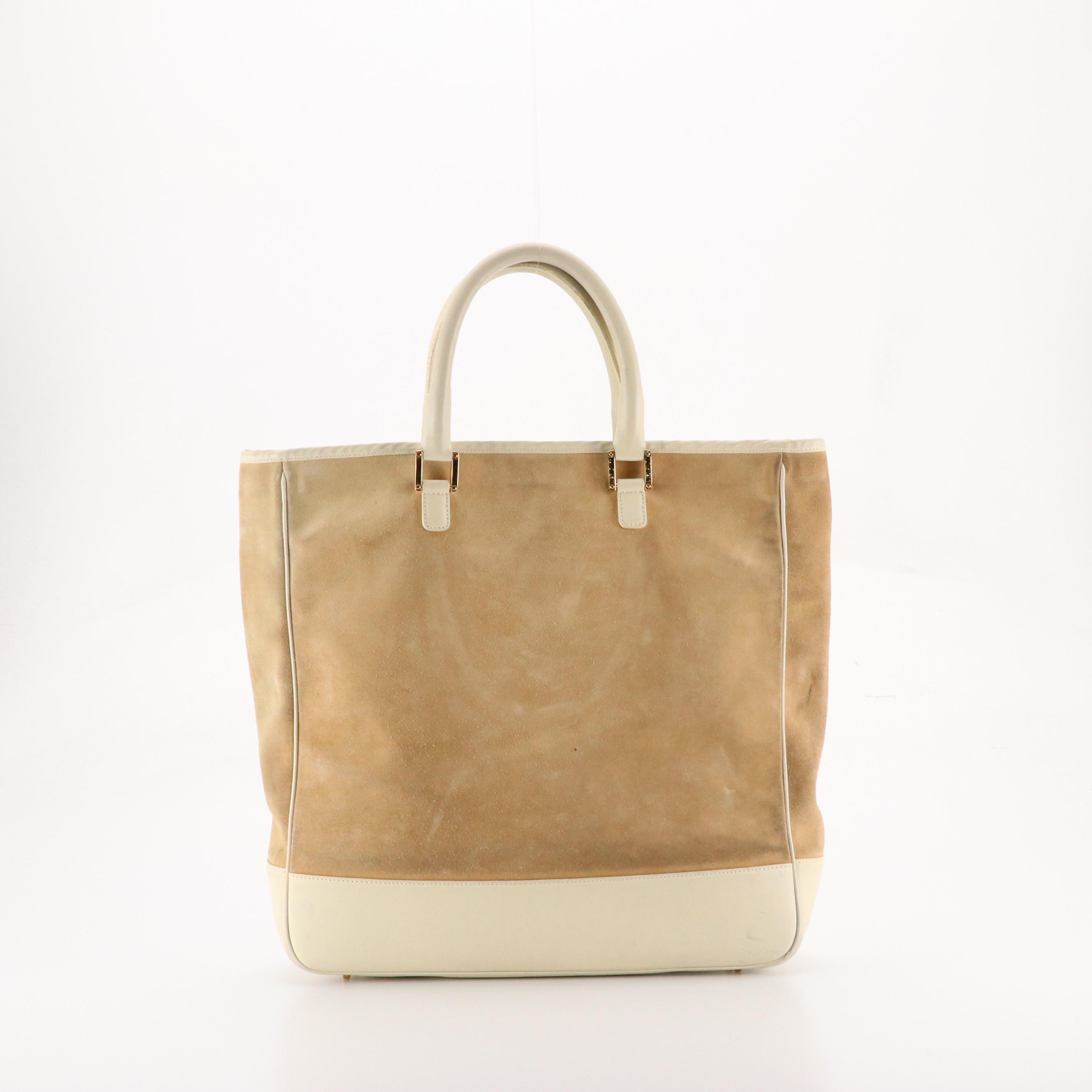 Loewe Anagram Embossed Tote Bag in Beige Suede and Ivory Leather