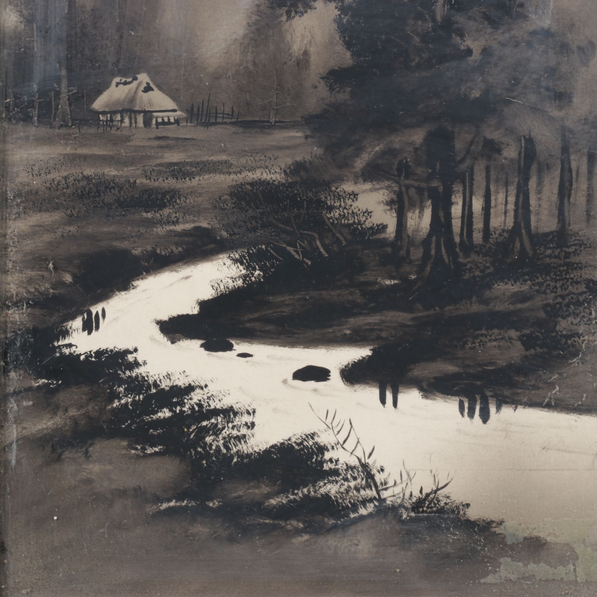 Chinese Grayscale Landscape Watercolor and Ink Painting, Mid-20th Century