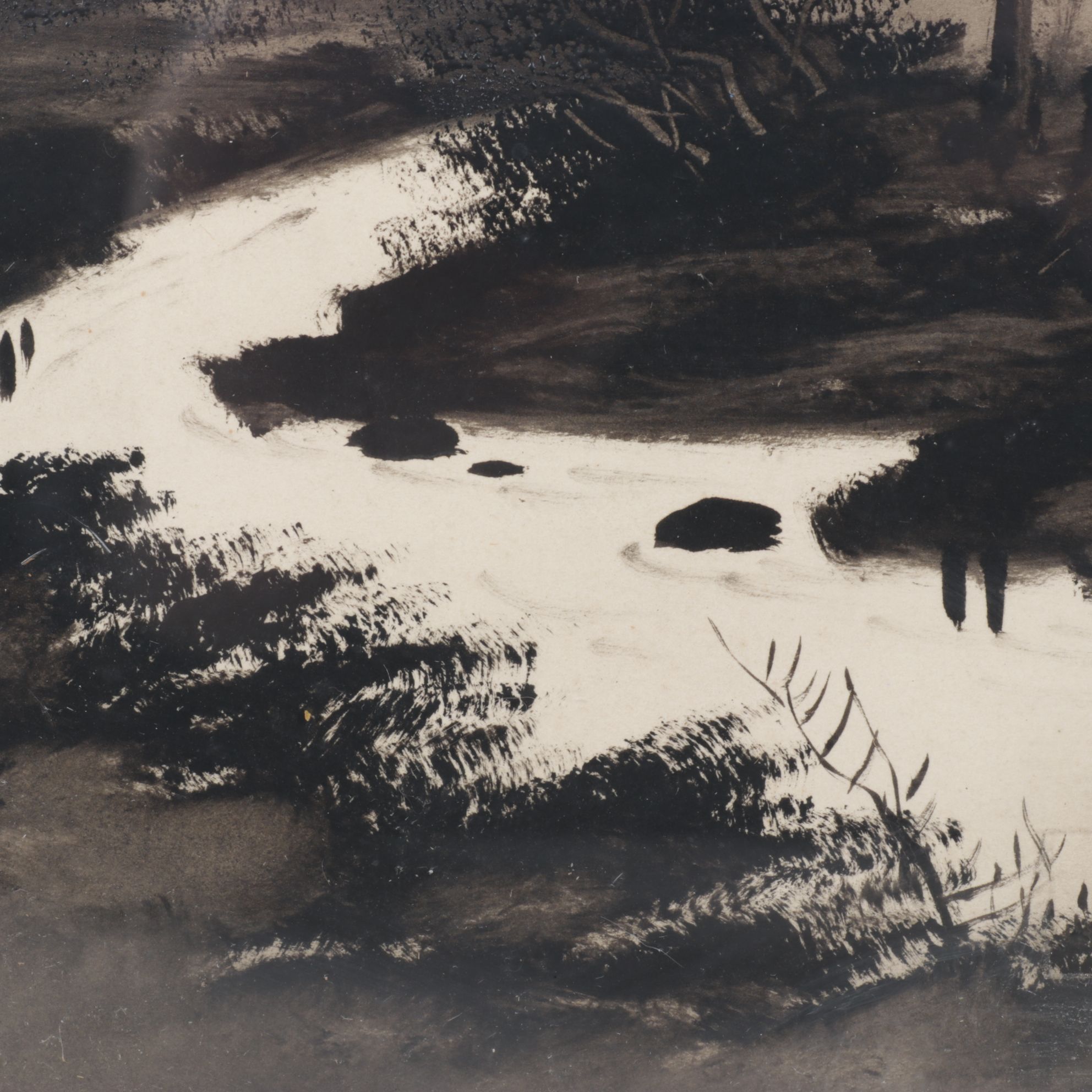Chinese Grayscale Landscape Watercolor and Ink Painting, Mid-20th Century