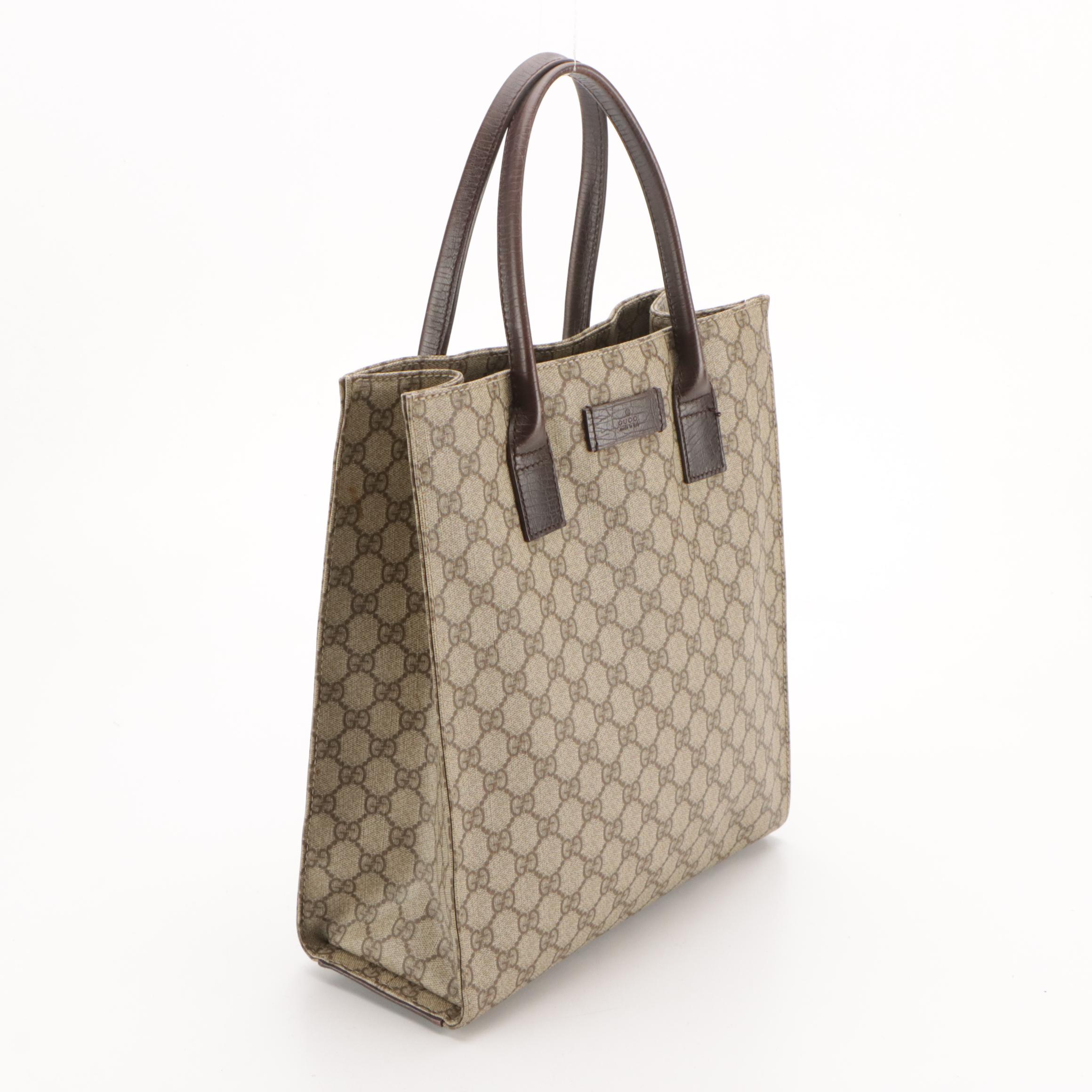 Gucci Joy GG Supreme Canvas & Brown Cinghiale Leather Top Handle Vertical Tote
