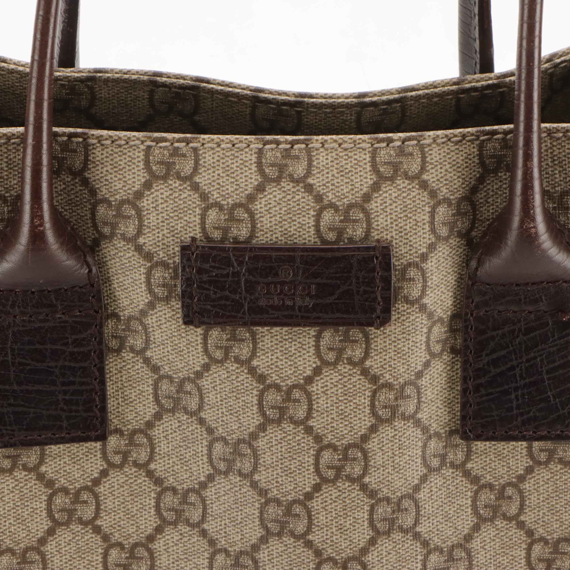 Gucci Joy GG Supreme Canvas & Brown Cinghiale Leather Top Handle Vertical Tote