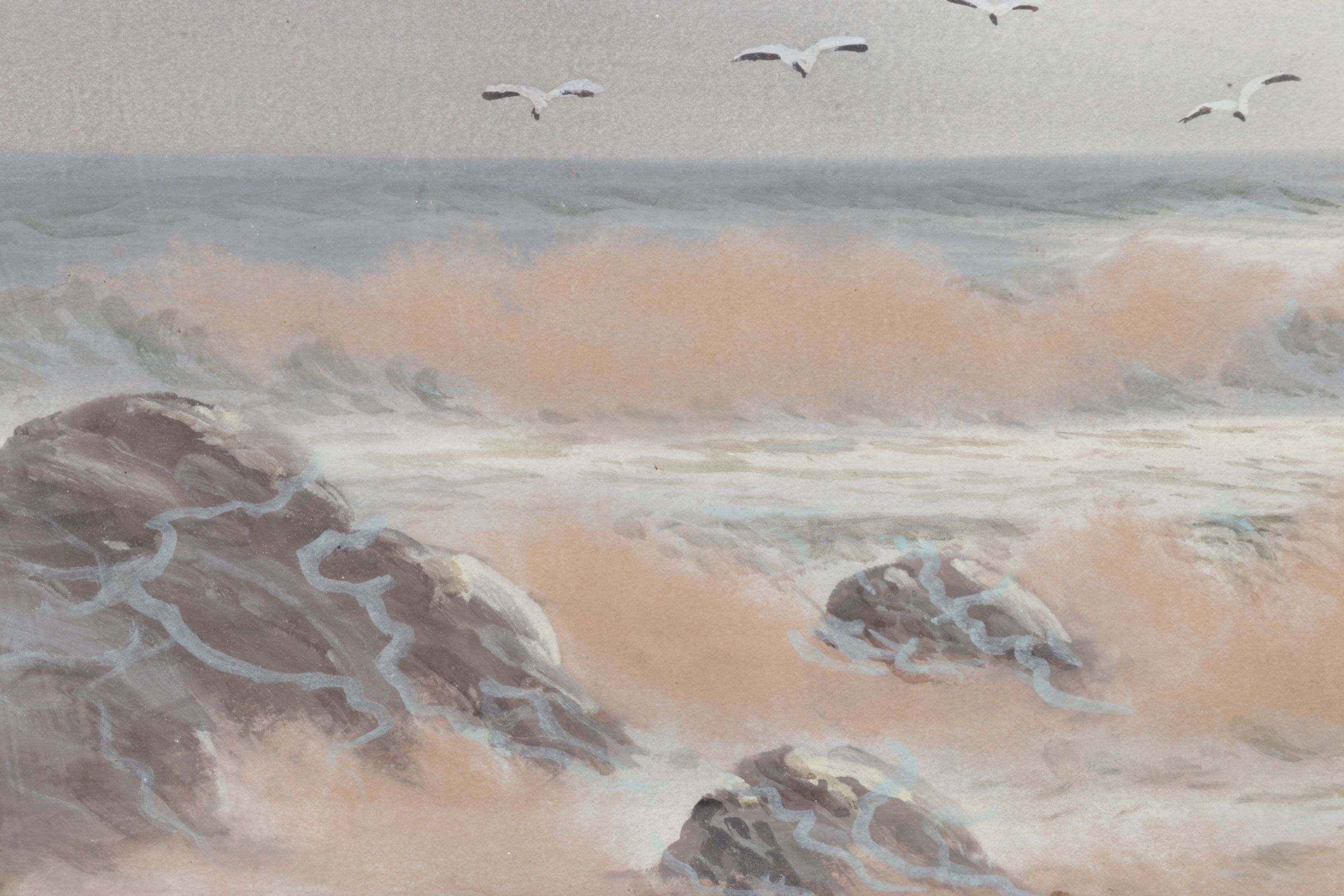 Color Lithograph Scene of Waves Crashing Off Shoreline, Mid to Late 20th Century