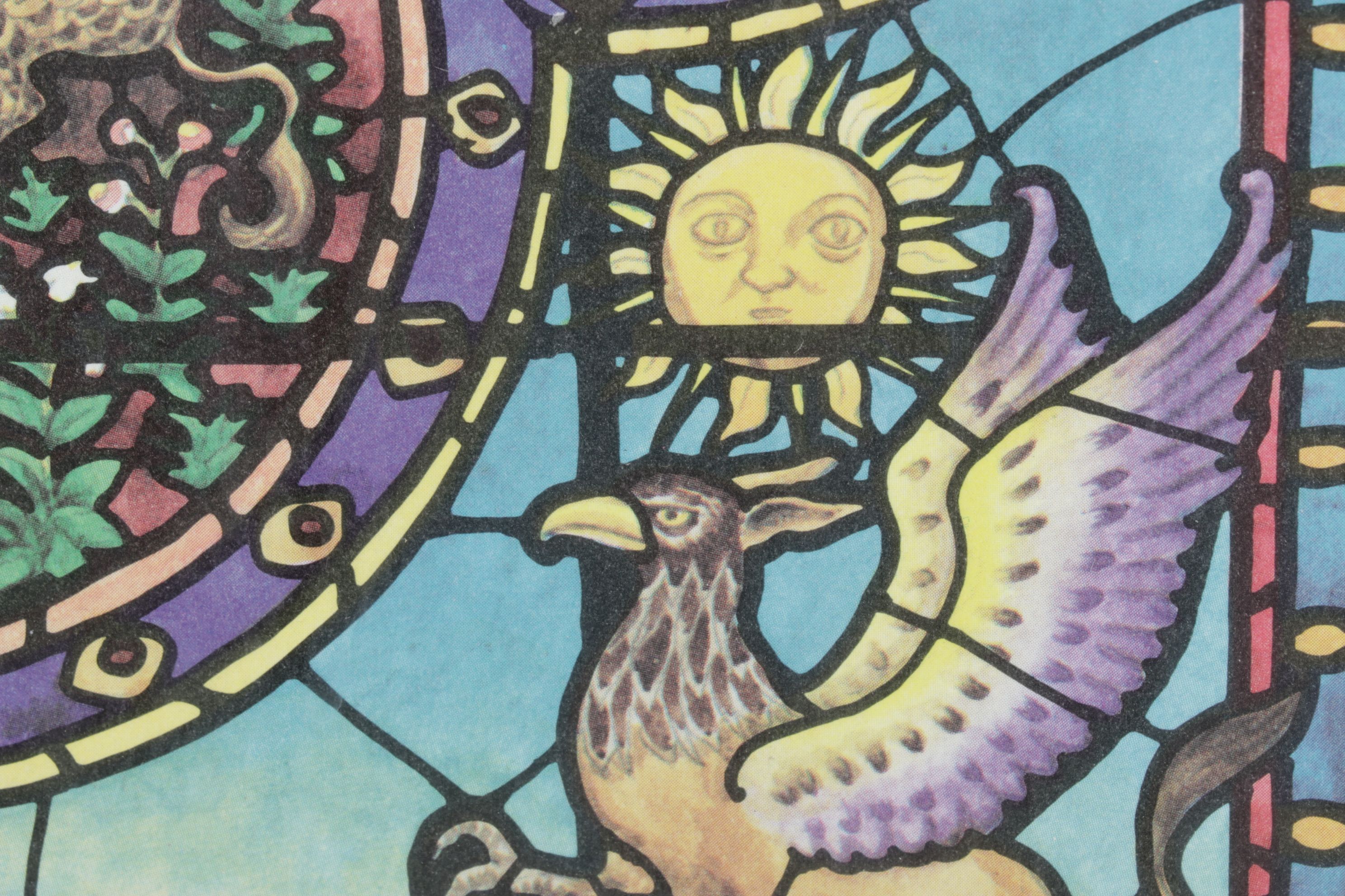 Offset Lithograph of Mythological Creatures Framed in a Stained Glass Panel