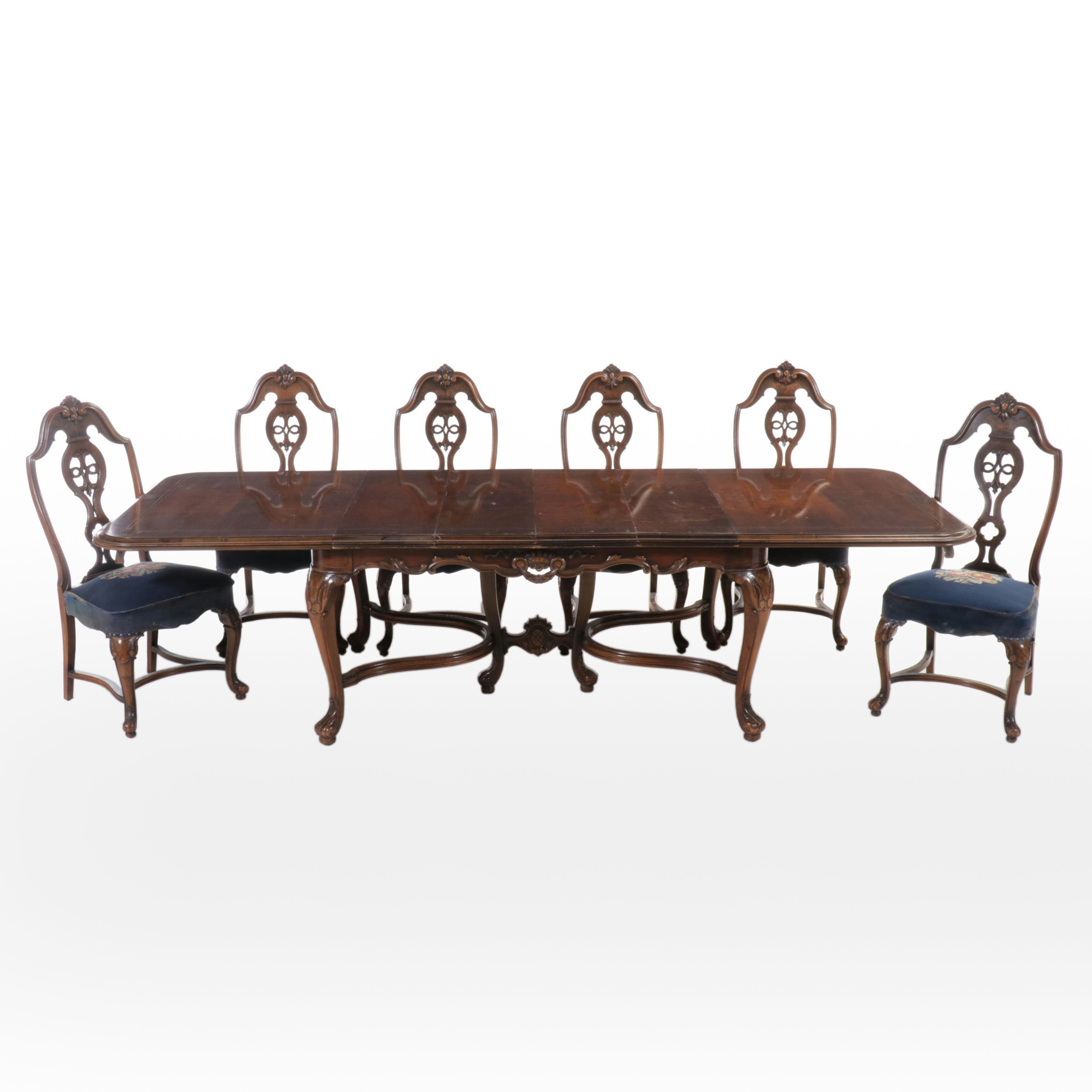 French Provincial Style Walnut Dining Table and Needlepoint Upholstered Chairs