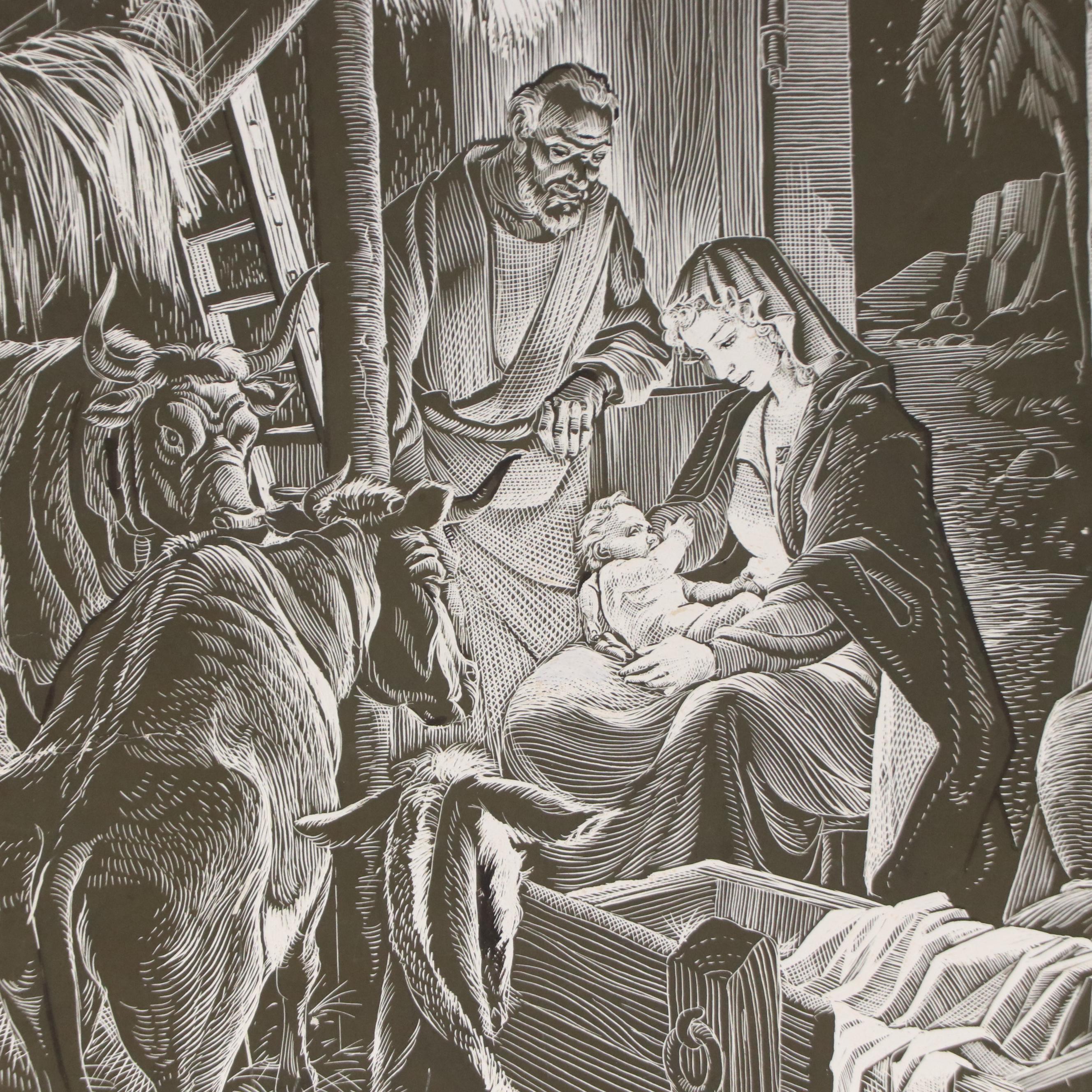 Attributed to Cor Van Kralingen Scratchboard Drawing of Nativity Scene