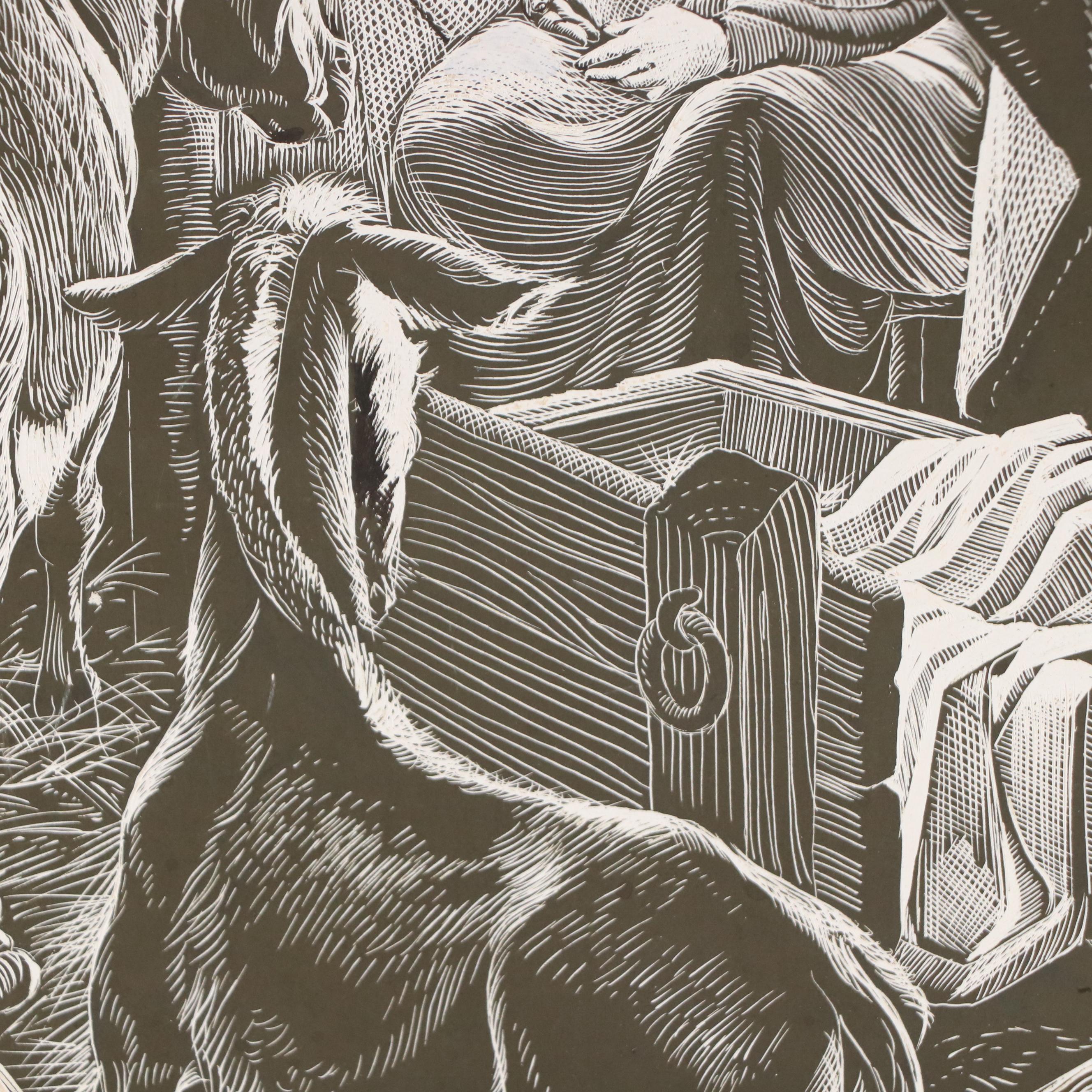 Attributed to Cor Van Kralingen Scratchboard Drawing of Nativity Scene