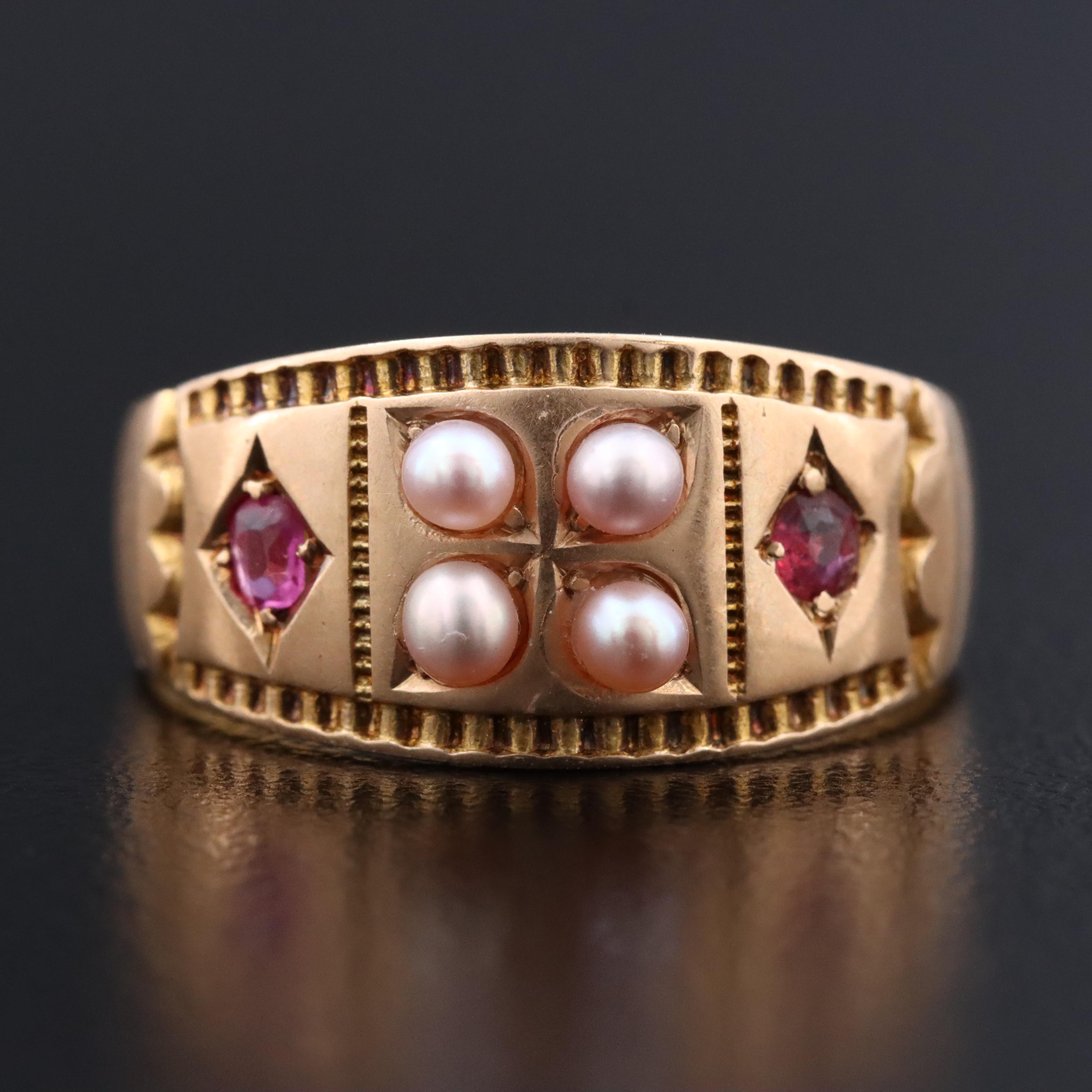 Antique 15K Seed Pearl, Ruby and Sapphire Ring
