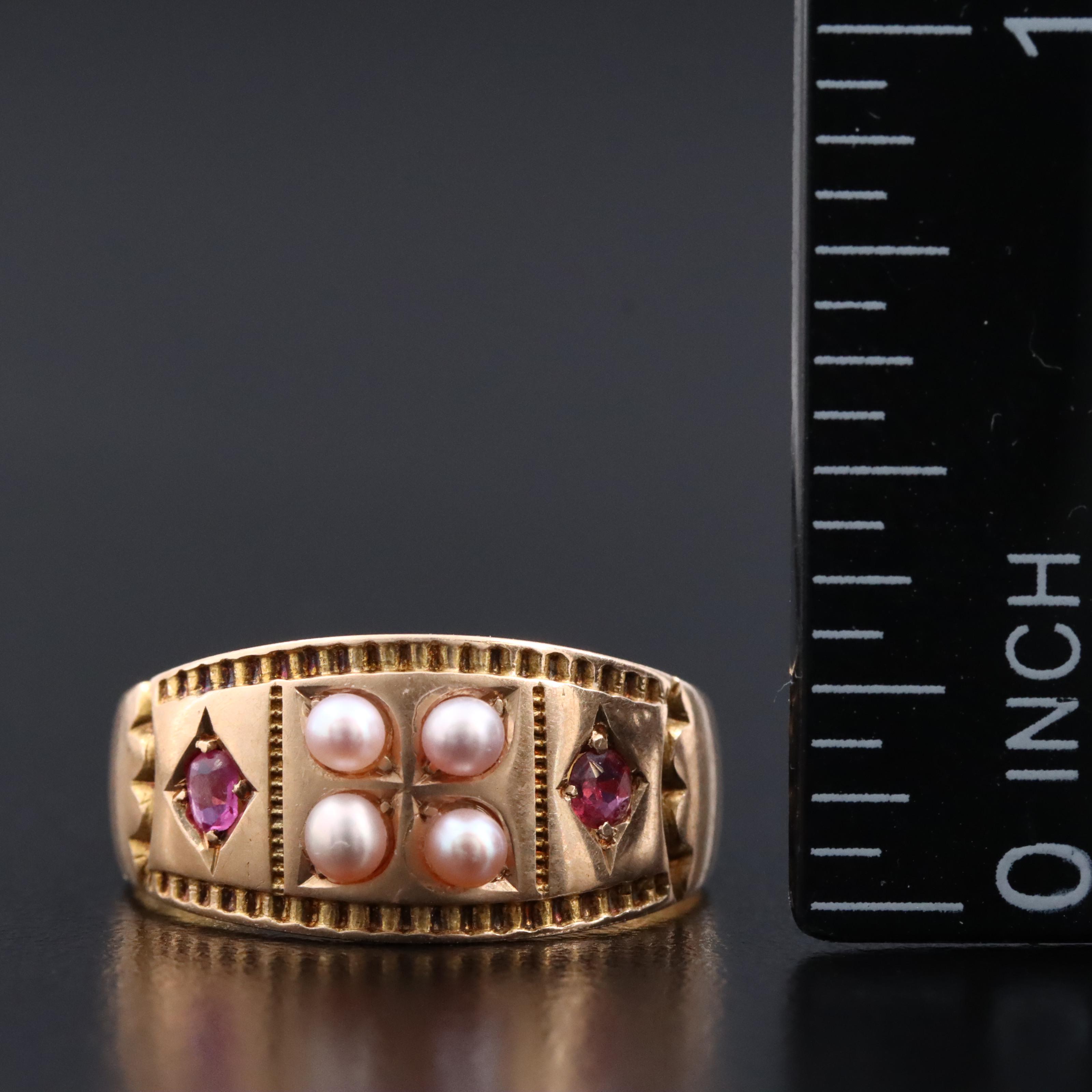 Antique 15K Seed Pearl, Ruby and Sapphire Ring
