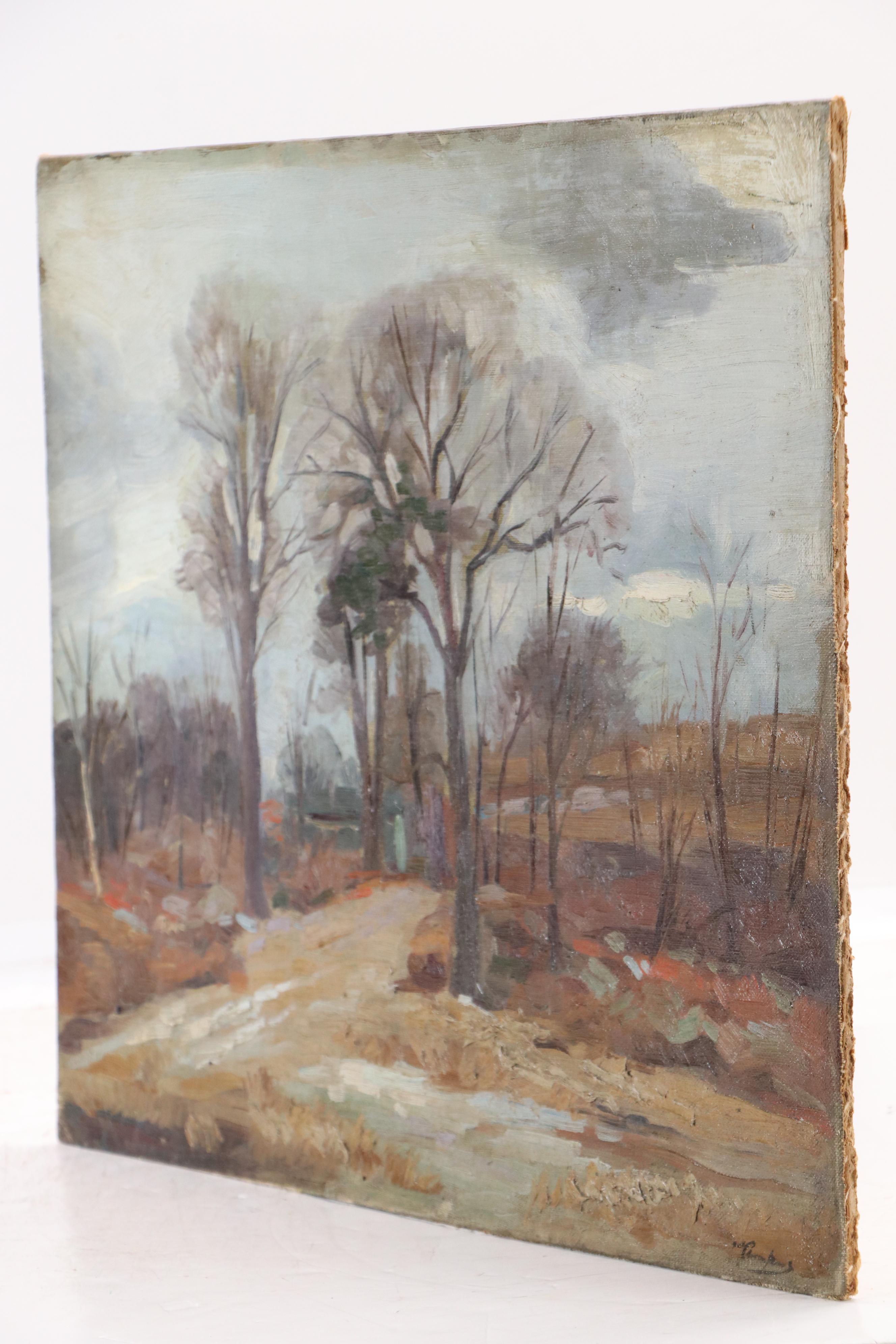 Late Autumn Rural Landscape Oil Painting, 20th Century