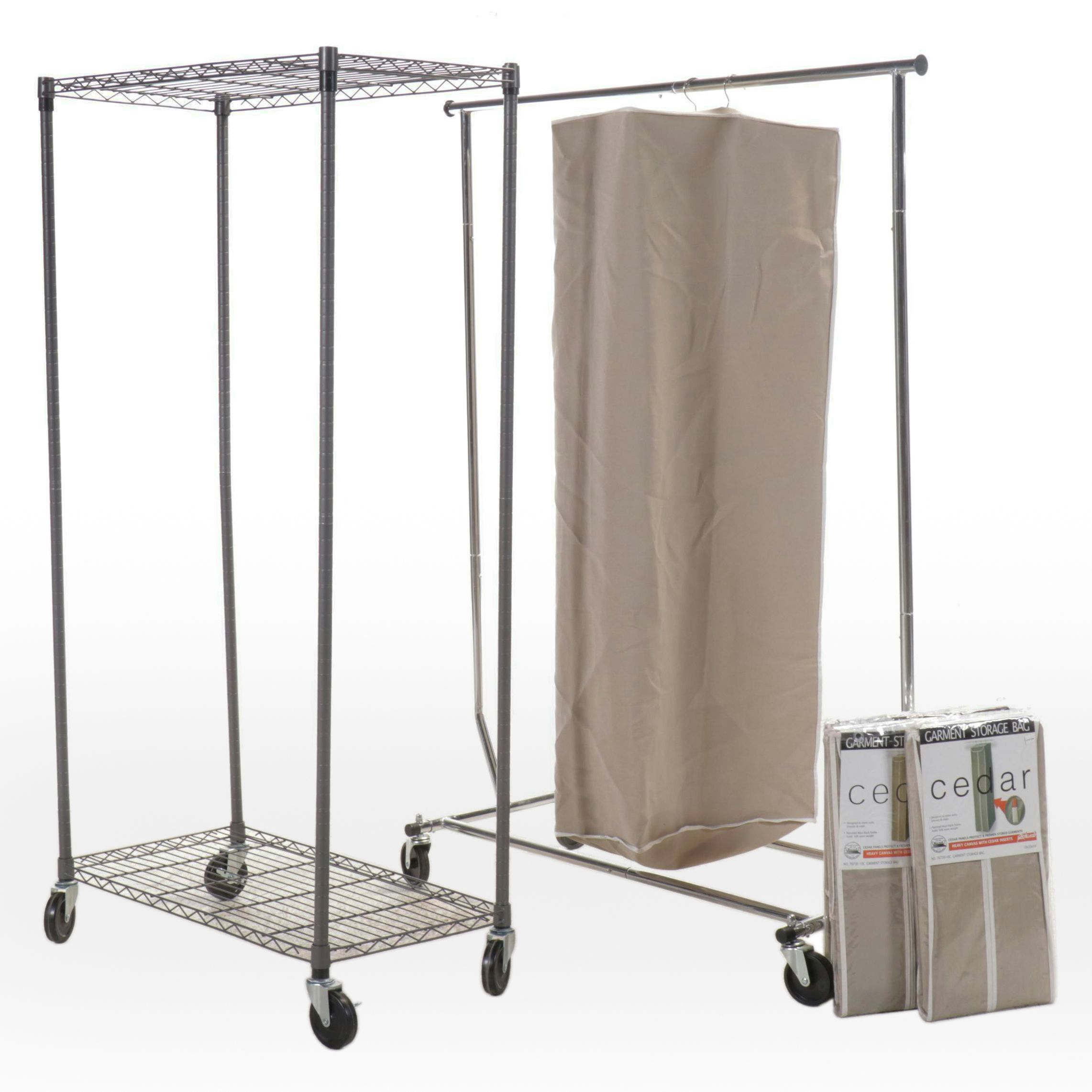 Two Chrome Clothing Racks with Richard's Cedar Hanging Garment Storage Bags