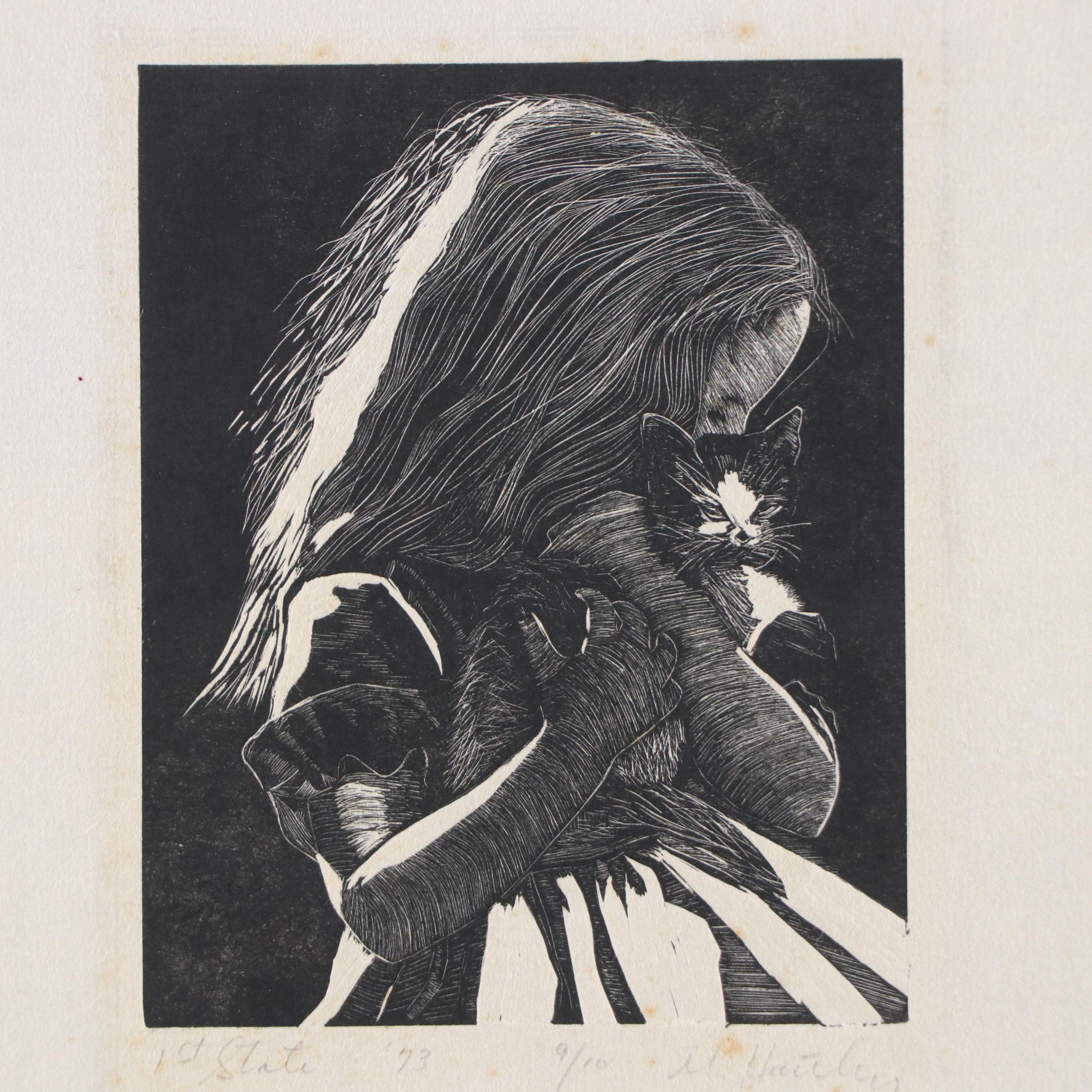 M. Hartley Wood Engraving of Girl Holding Kitten, 1973