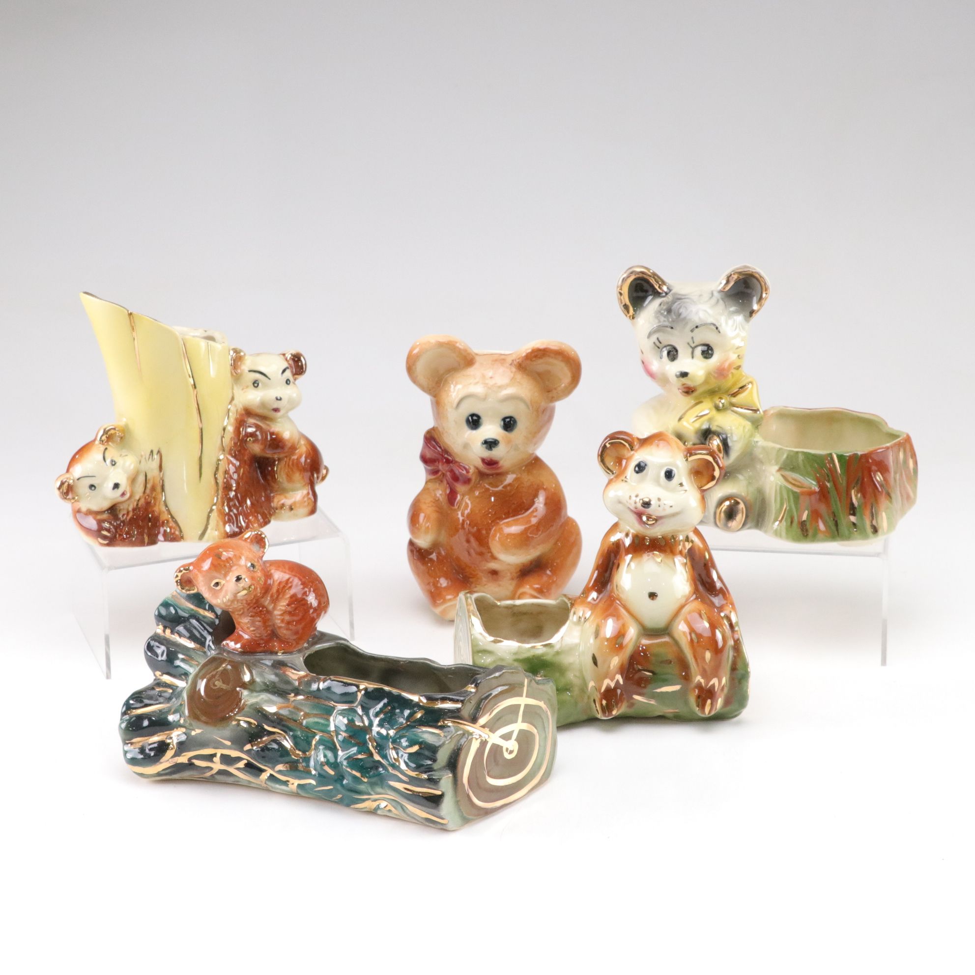 Porcelain Bear Vases with 22K Gold Painted Accents