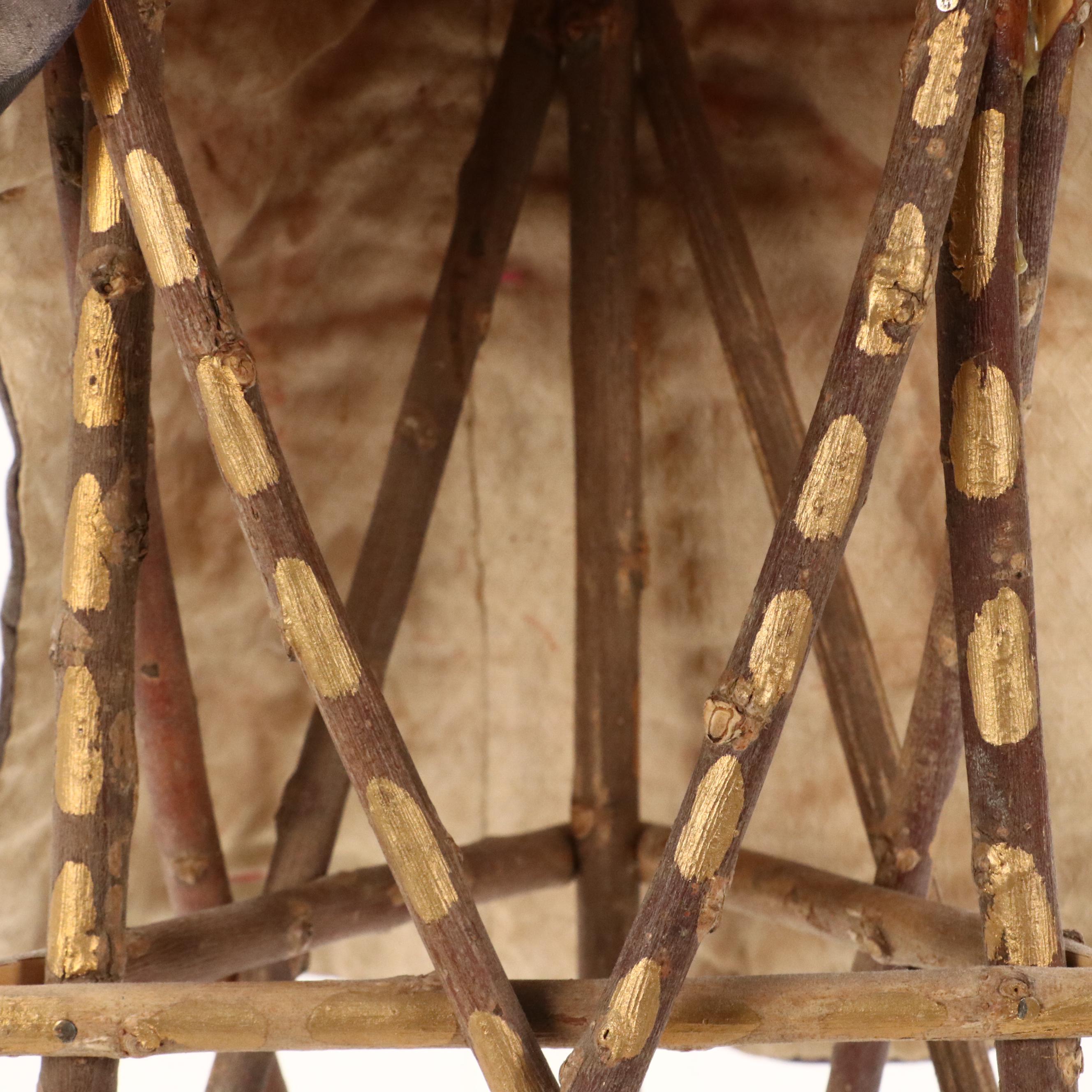 Robert Beaven Folk Art Mixed Media Hat Stand with Chinese Embroidered Baby Hat