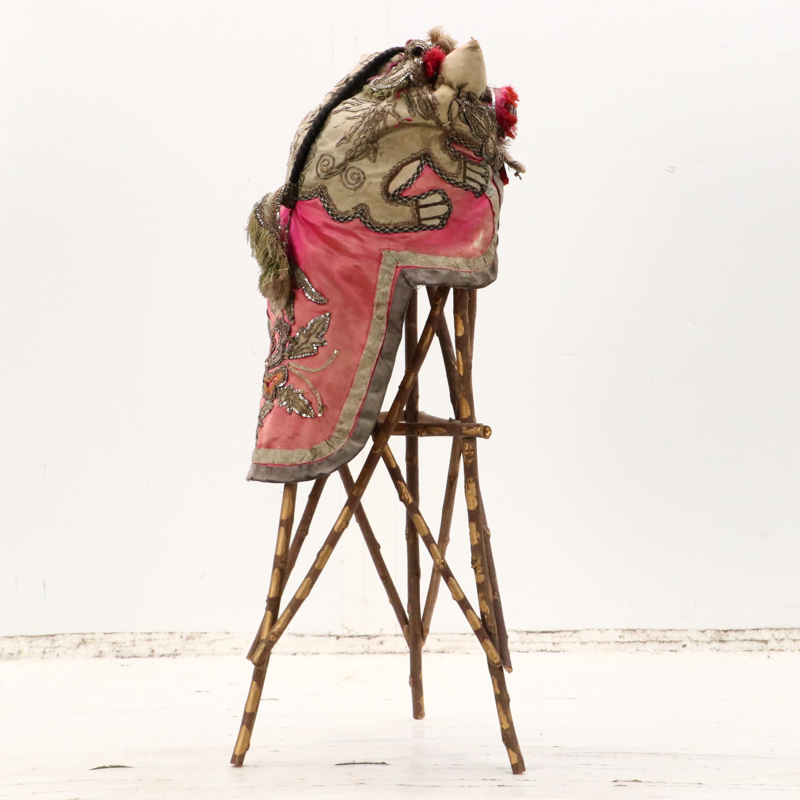 Robert Beaven Folk Art Mixed Media Hat Stand with Chinese Embroidered Baby Hat