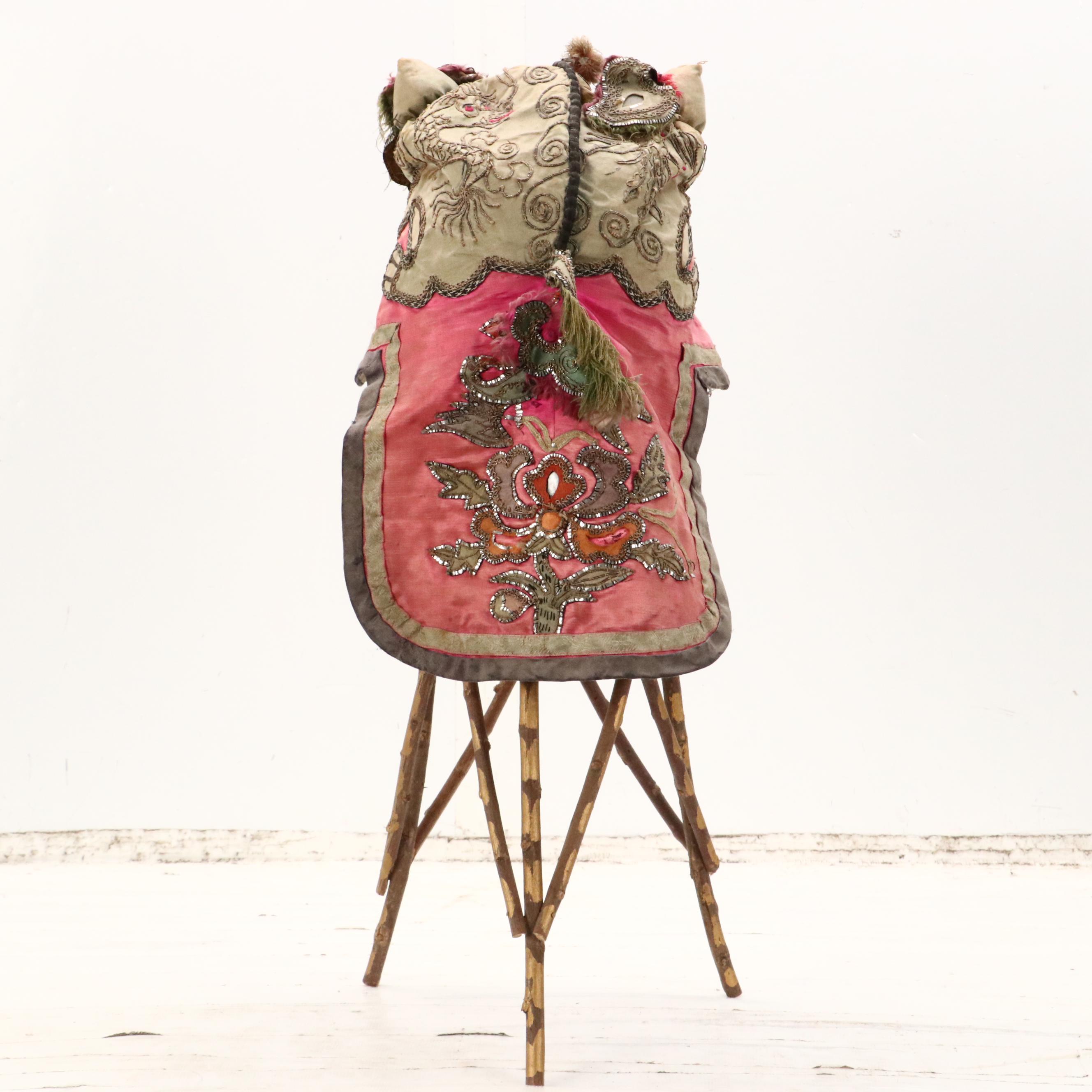 Robert Beaven Folk Art Mixed Media Hat Stand with Chinese Embroidered Baby Hat