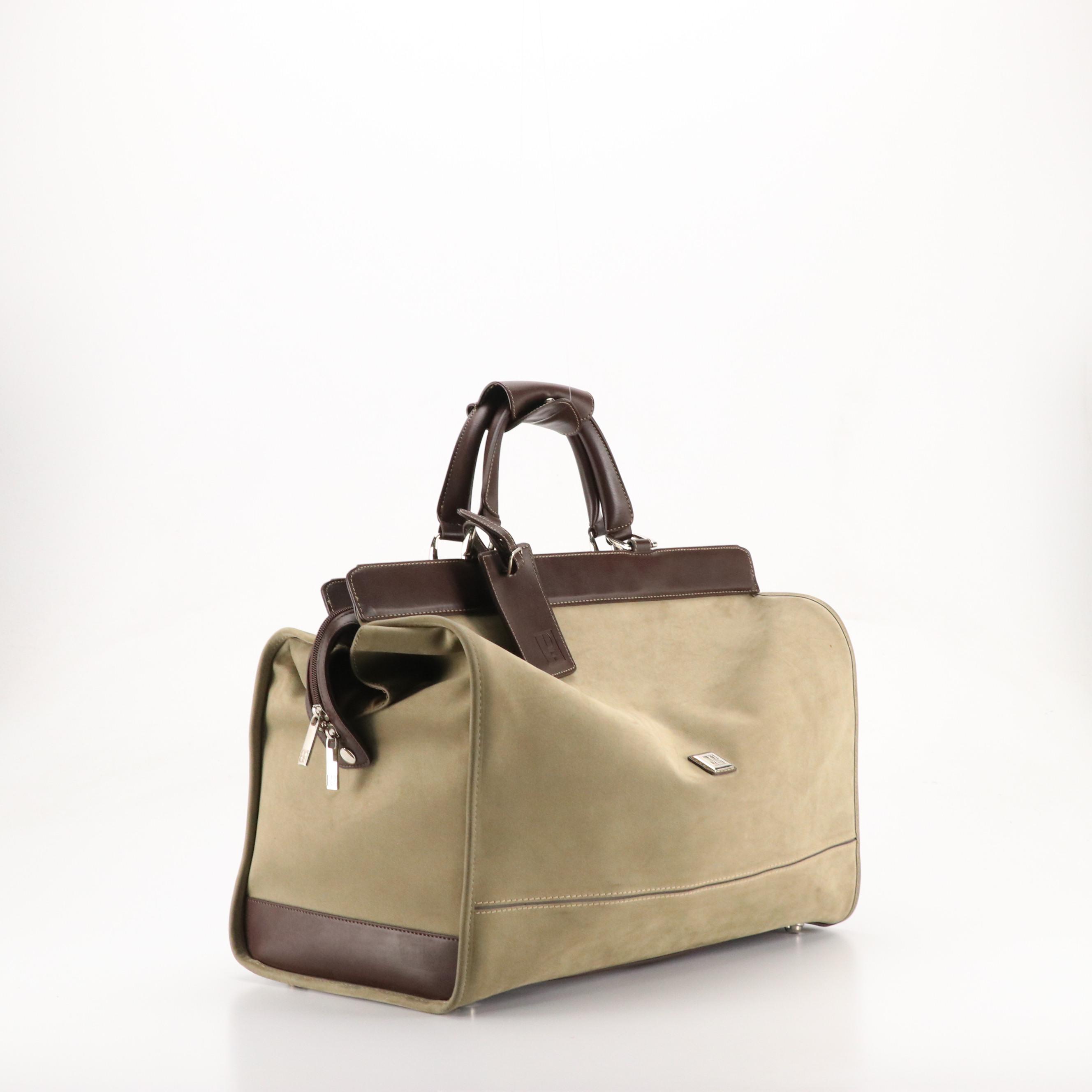 Diane Von Furstenberg Sage Green Soft Canvas Travel Bag with Brown Leather Trim