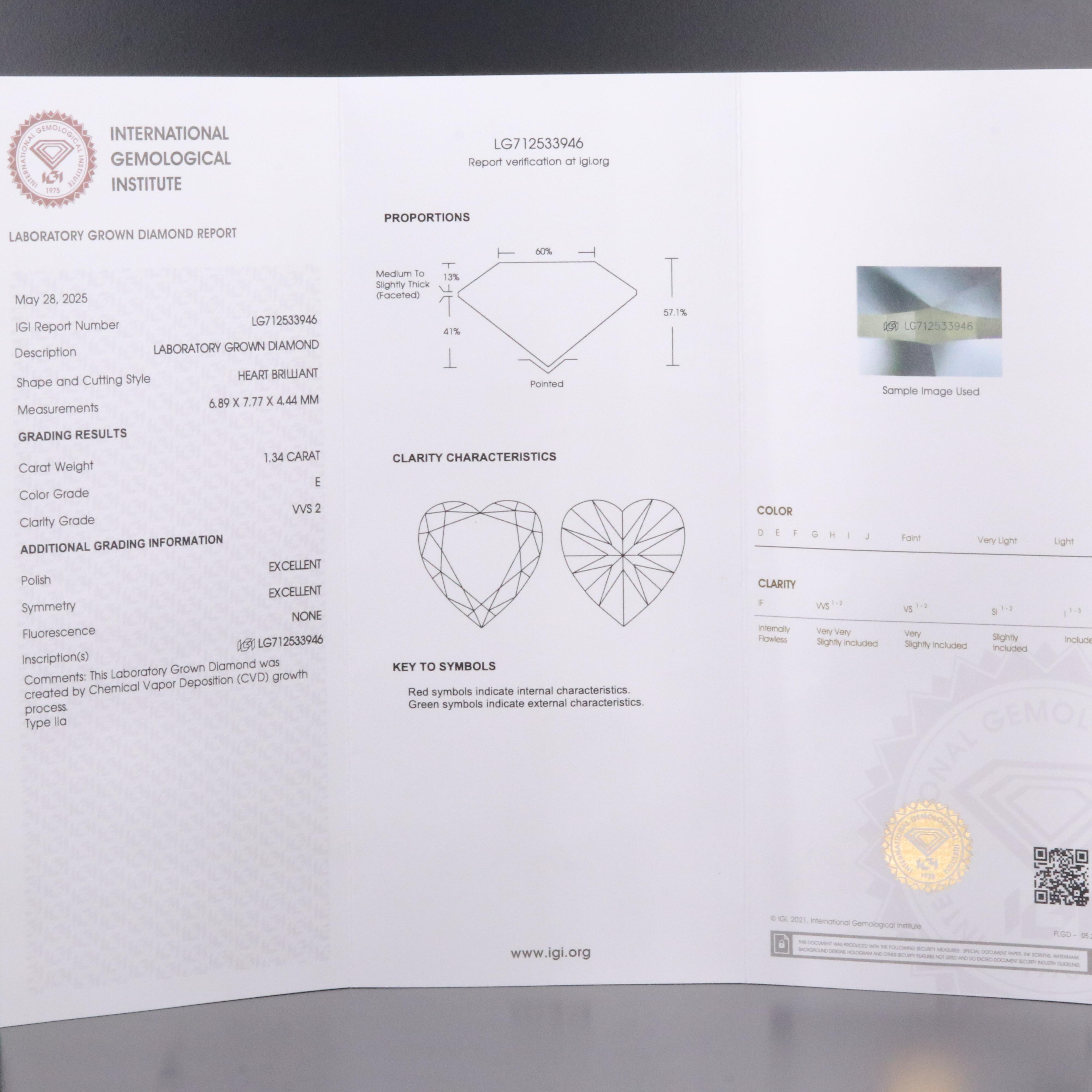 Loose 1.34 CT Lab Grown Diamond with IGI Reports