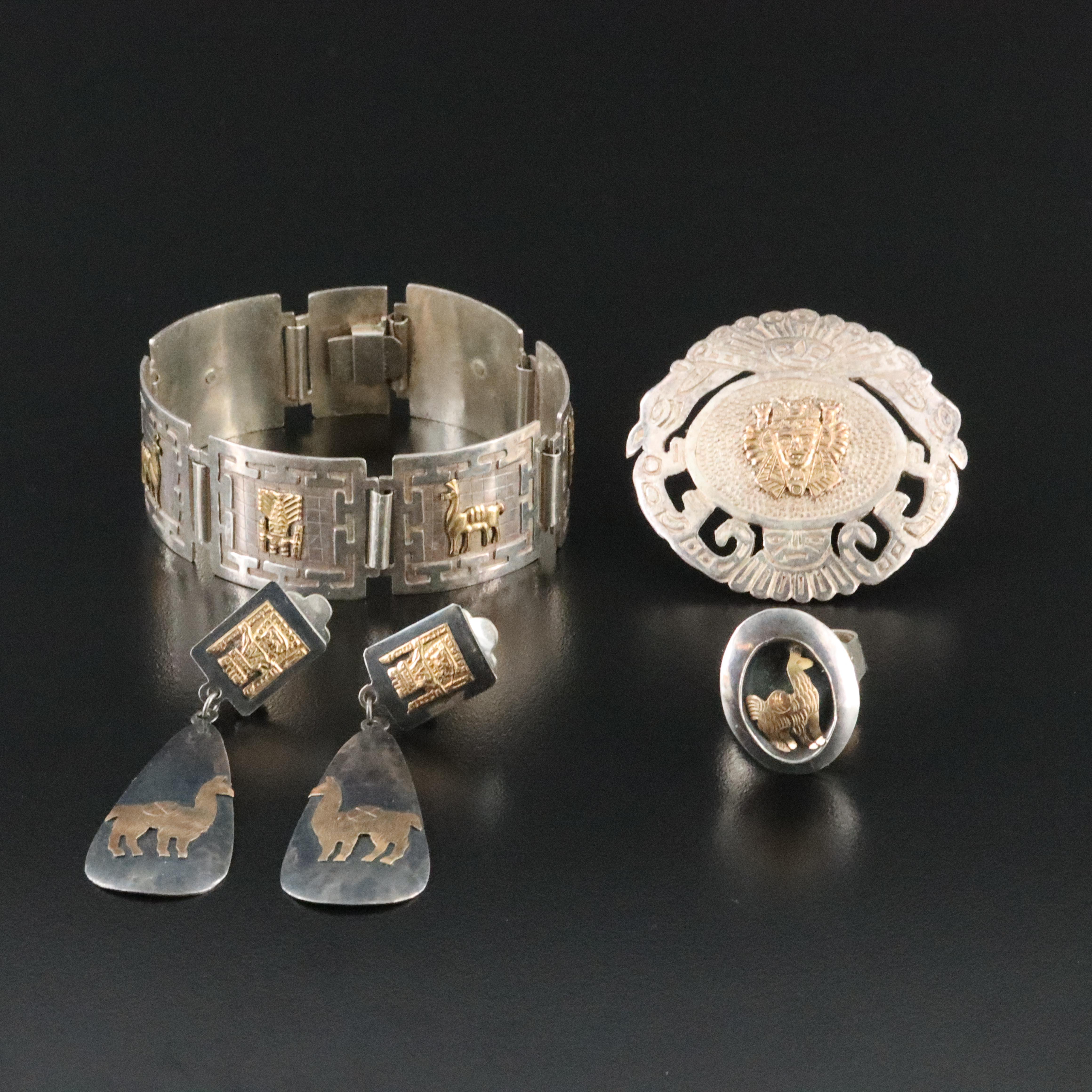 Peruvian Sterling Mesoamerican Themed Jewelry Set with 18K Accents