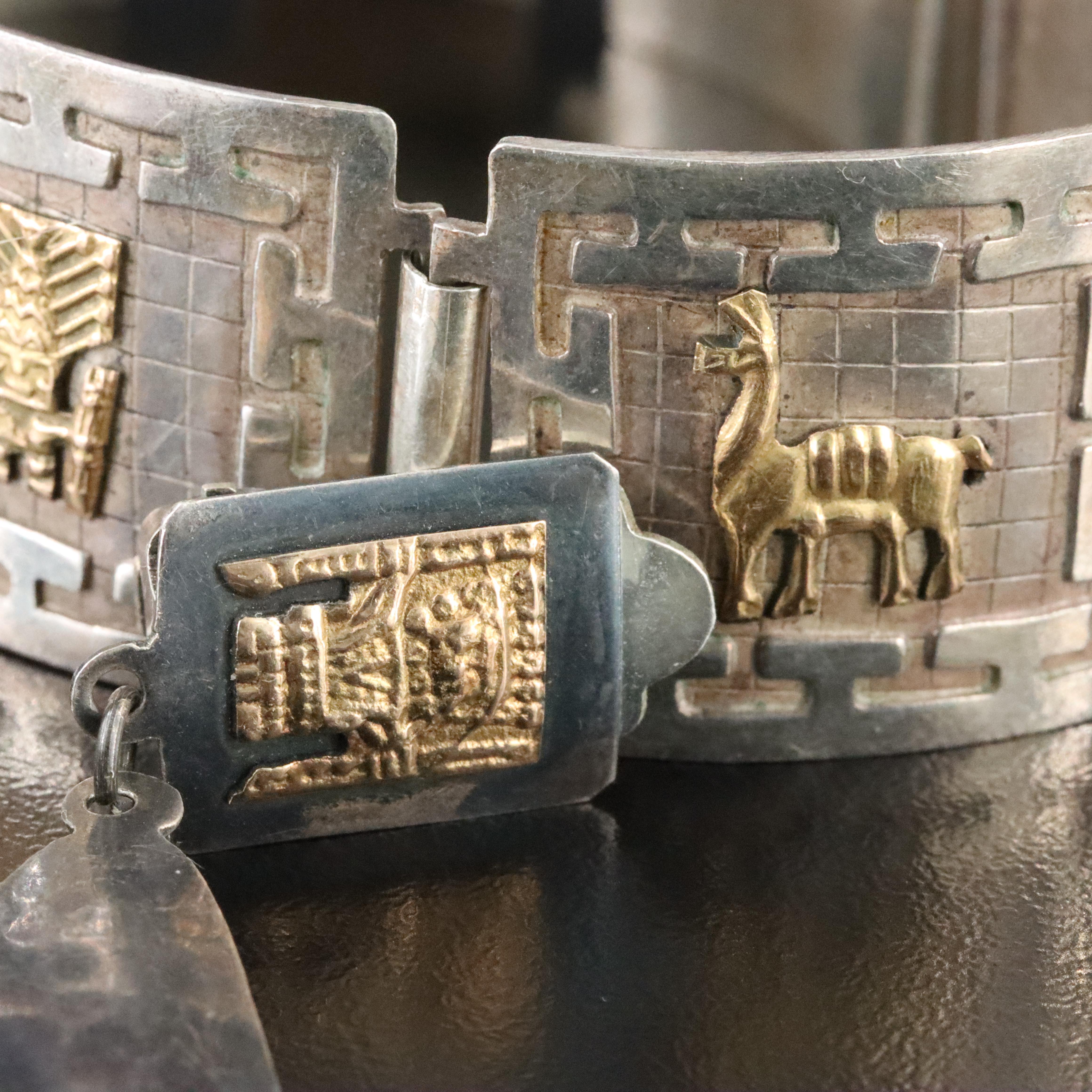 Peruvian Sterling Mesoamerican Themed Jewelry Set with 18K Accents