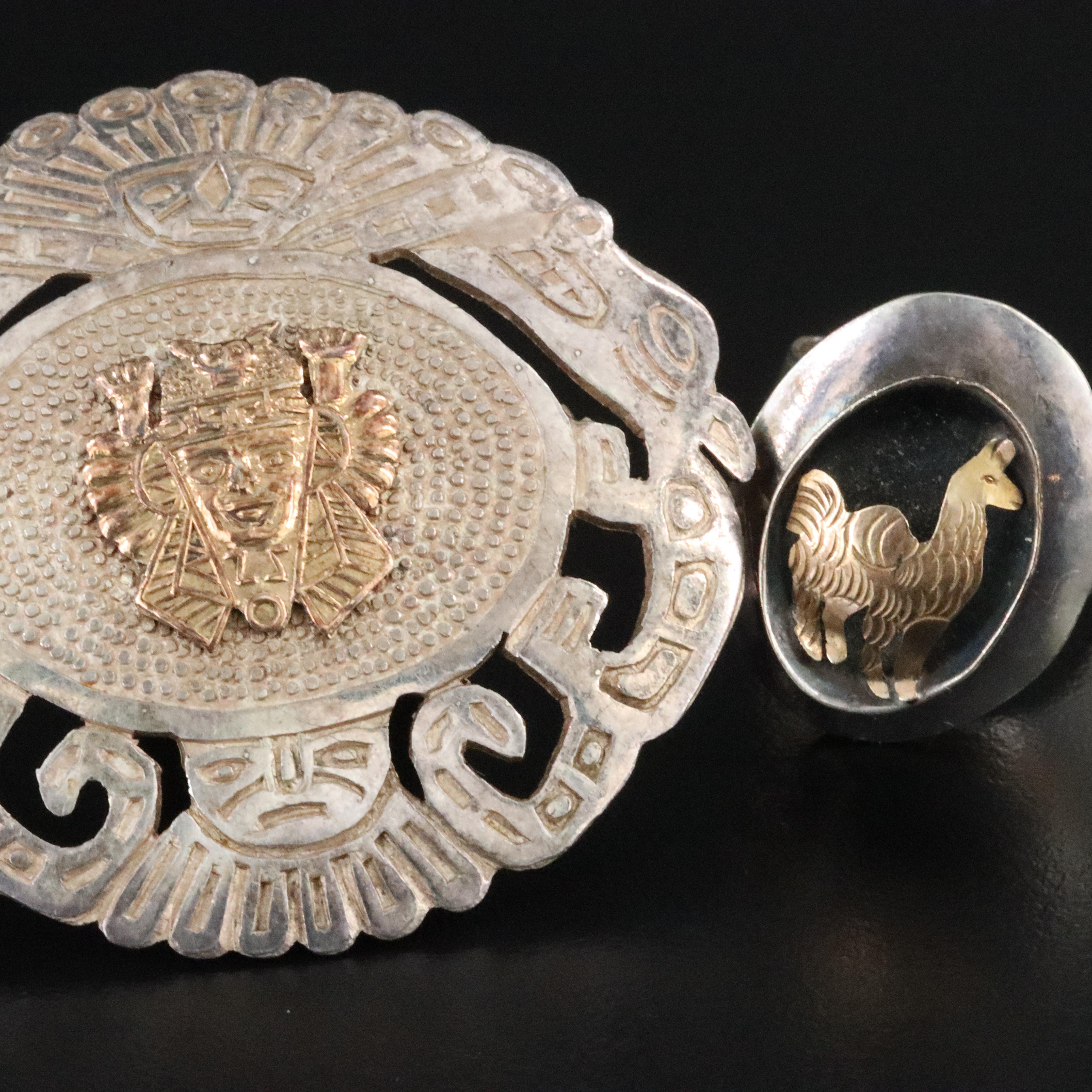 Peruvian Sterling Mesoamerican Themed Jewelry Set with 18K Accents