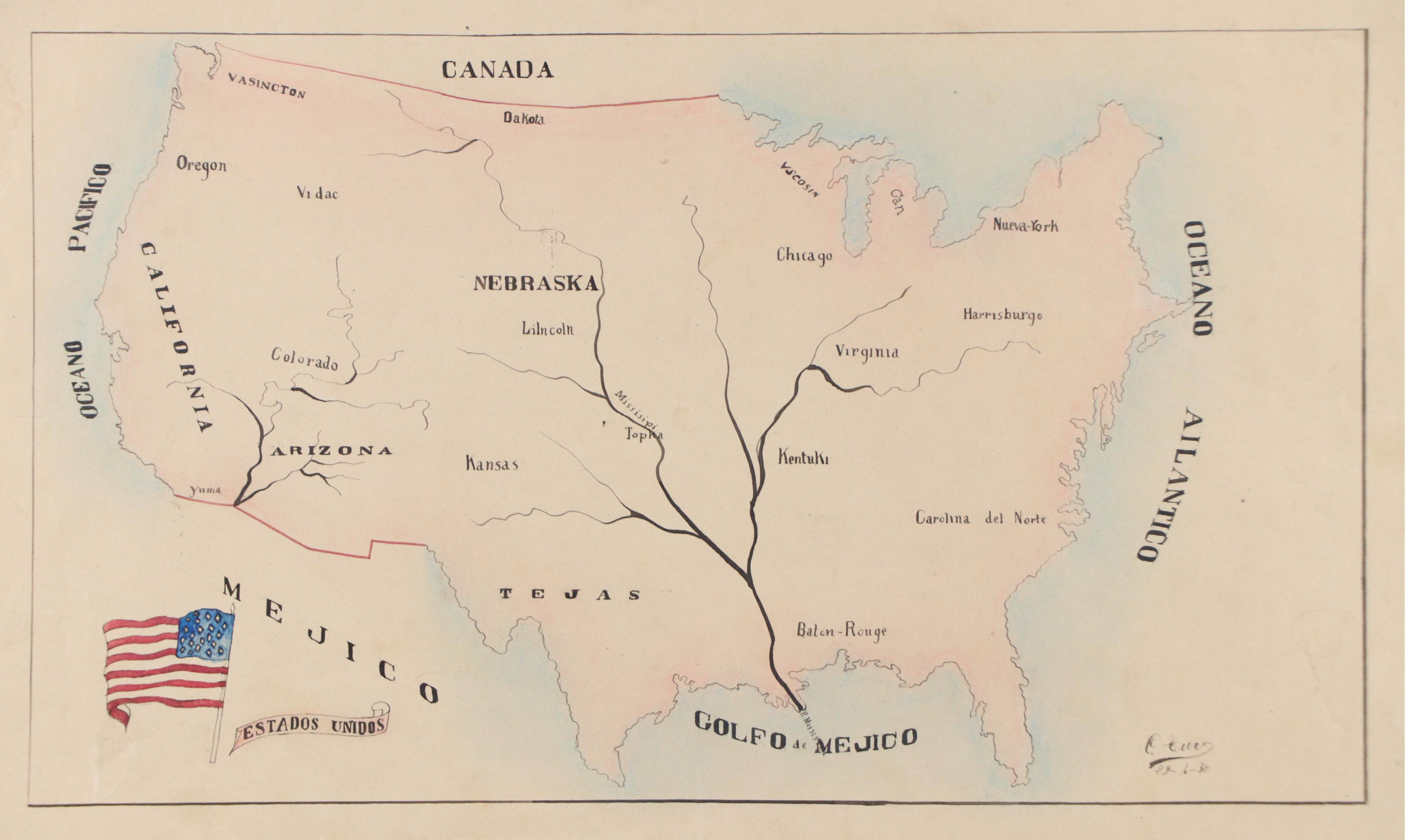 Ink Drawing of Manifest Destiny Map "Estados Unidos," Circa 1930